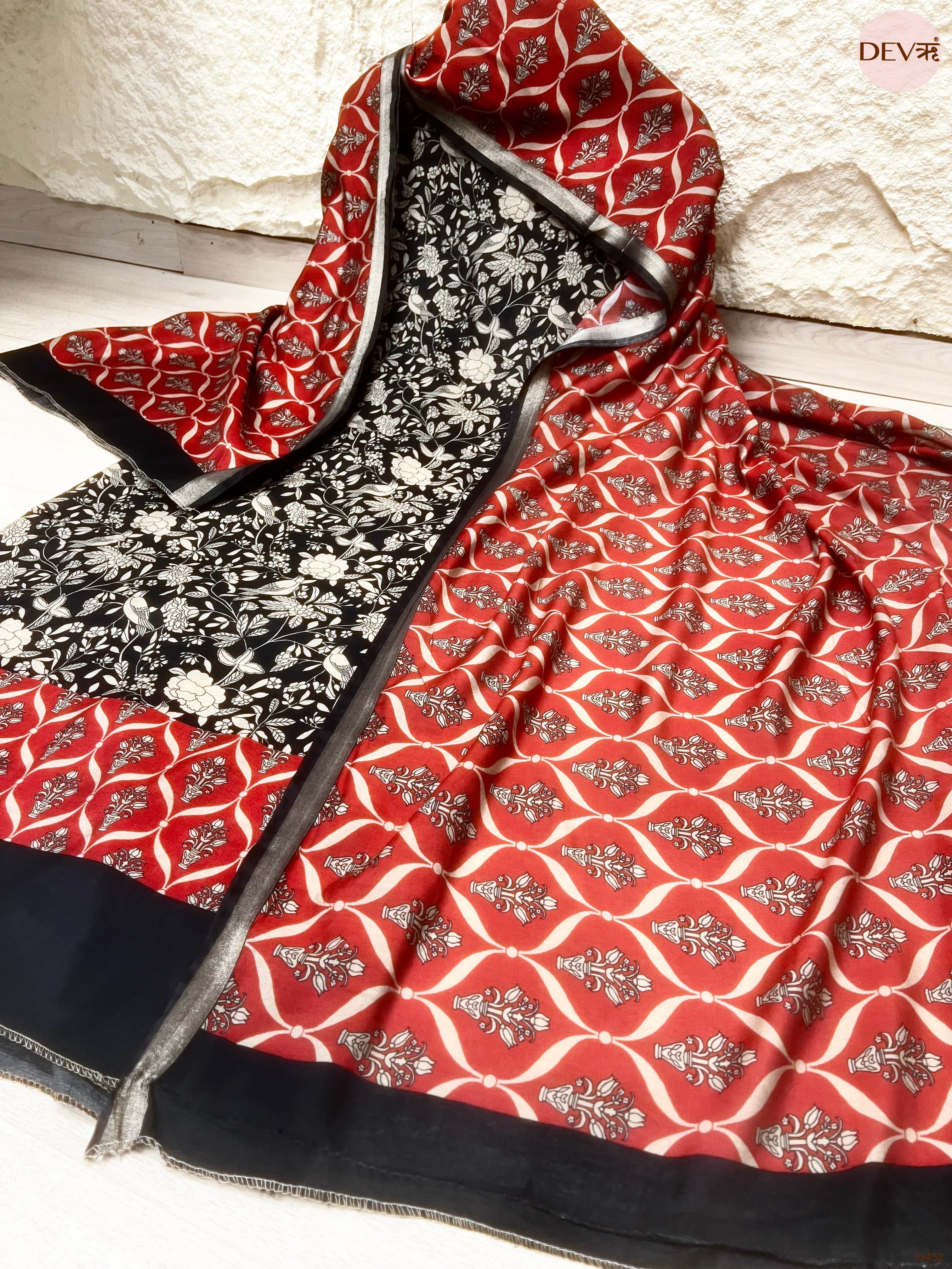 Black Maheshwari Silk Printed Unstitched 3-Piece Suit (Devri – D.No 13452)