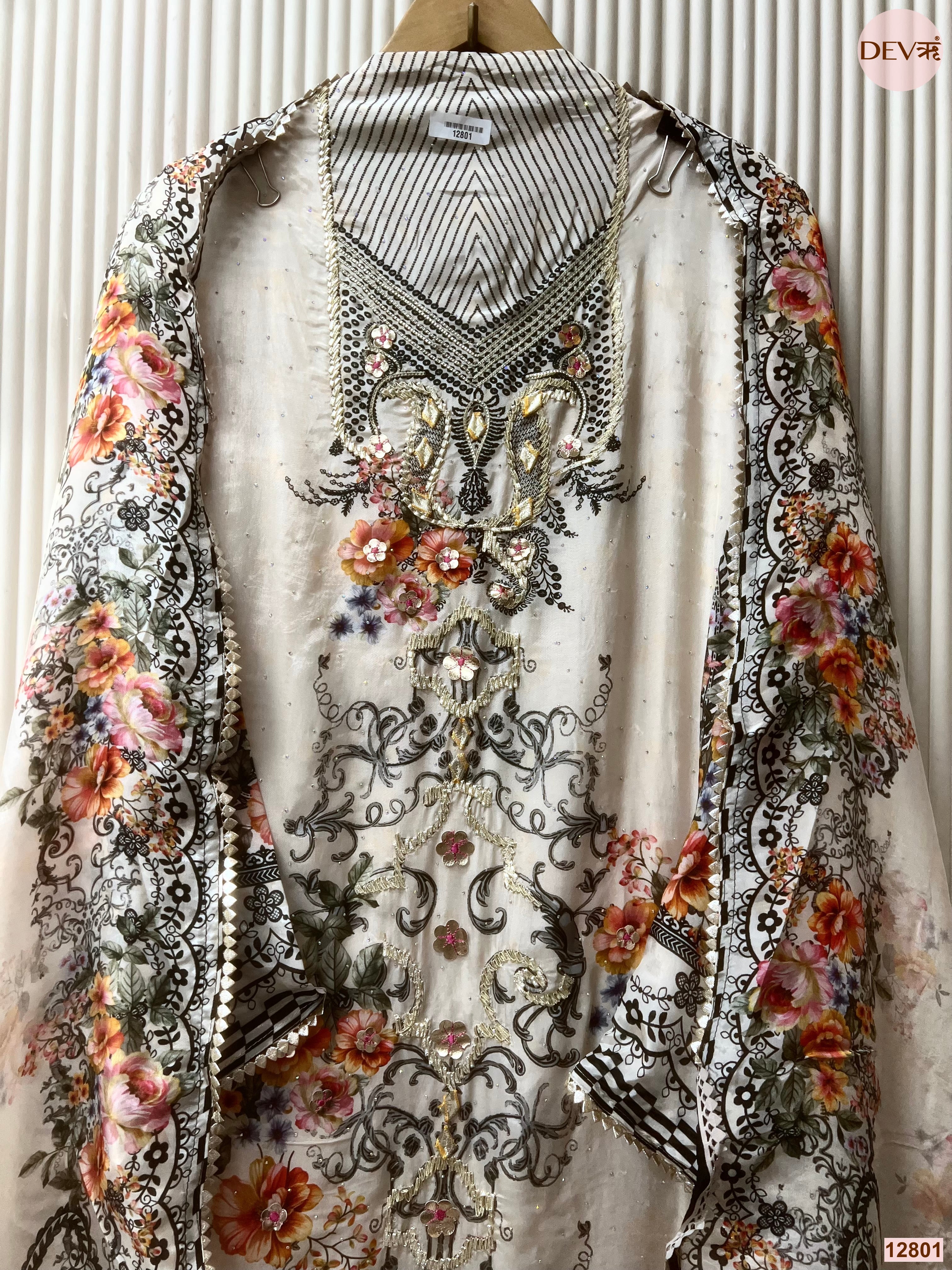 White Glass organza Silk Printed Unstitched 3-Piece Suit (Devri – D.No 12801)