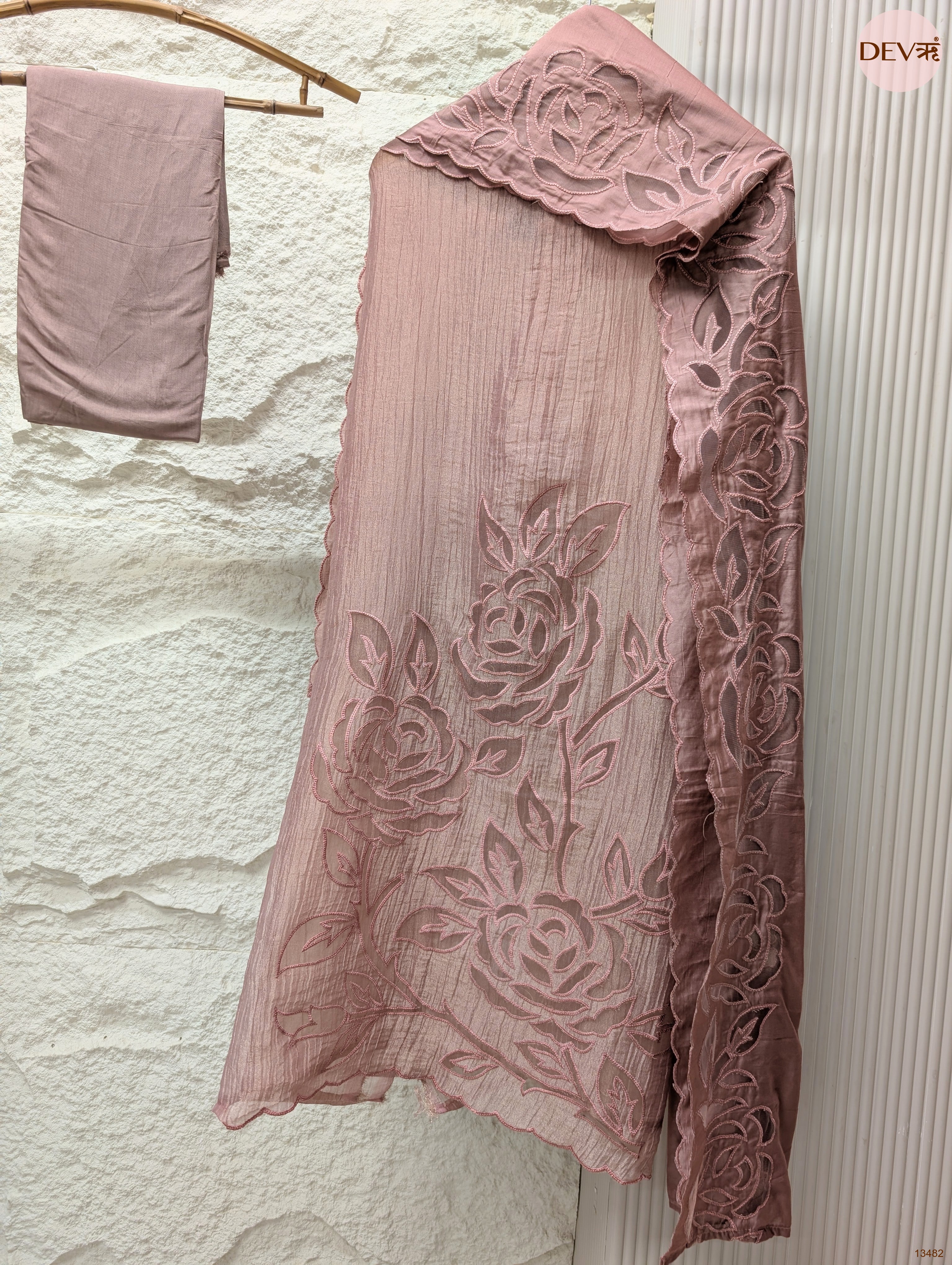 Pink Tissue Crush Silk Chanderi Embroidered Unstitched 3-Piece Suit (Devri – D.No 13482)
