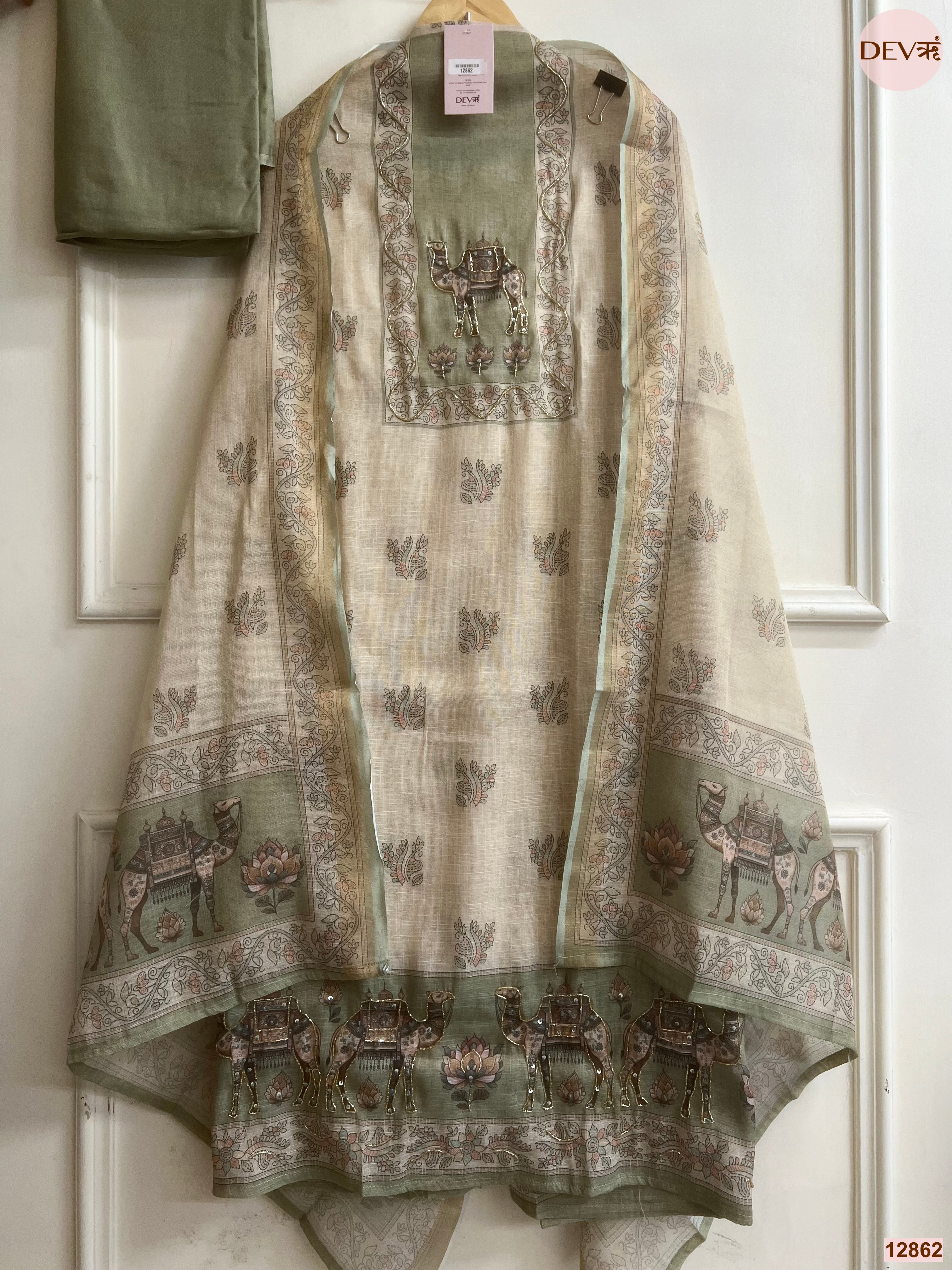 Green Linen Cotton Printed Unstitched 3-Piece Suit (Devri – D.No 12862)