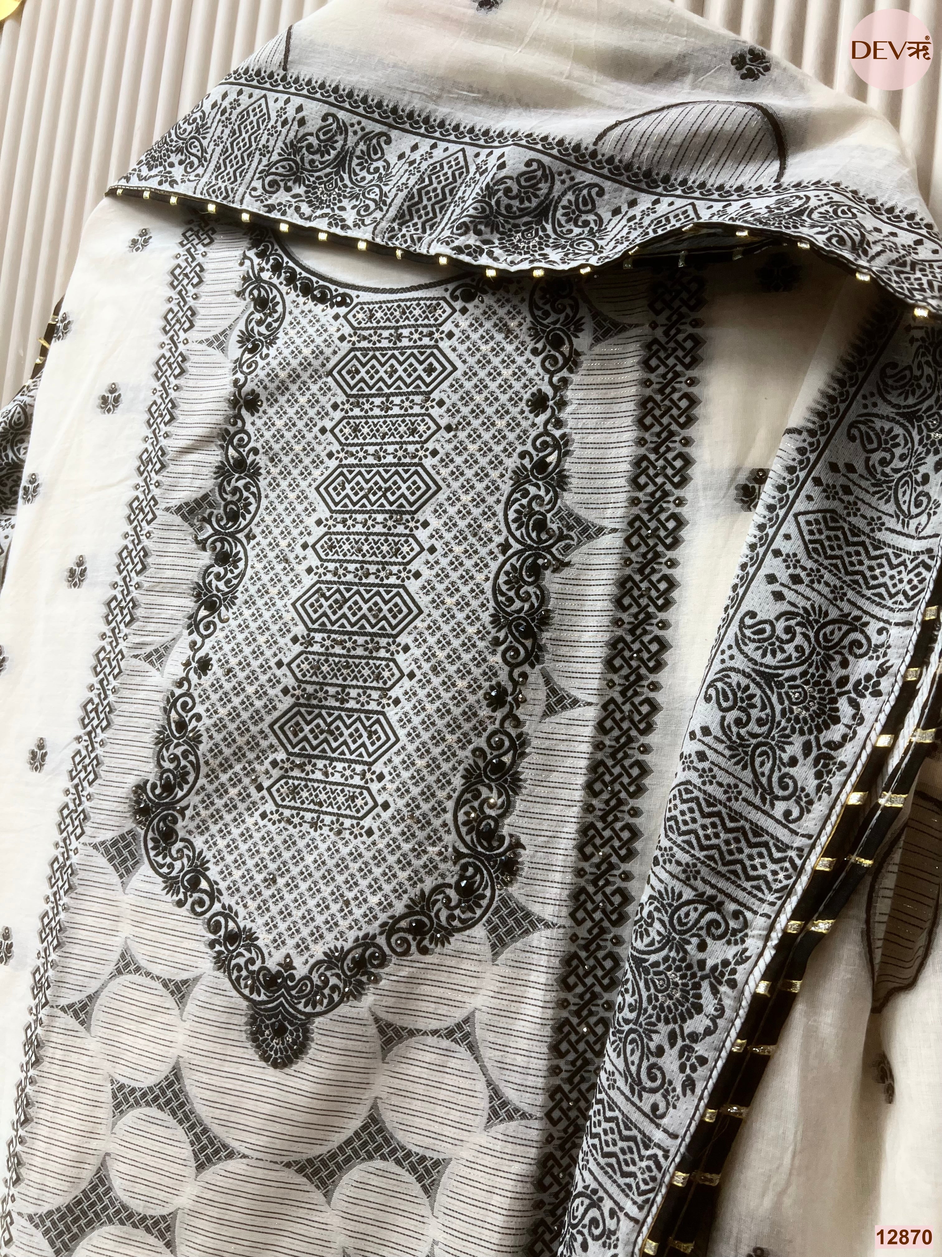 White Jamdani Cotton Printed Unstitched 3-Piece Suit (Devri – D.No 12870)