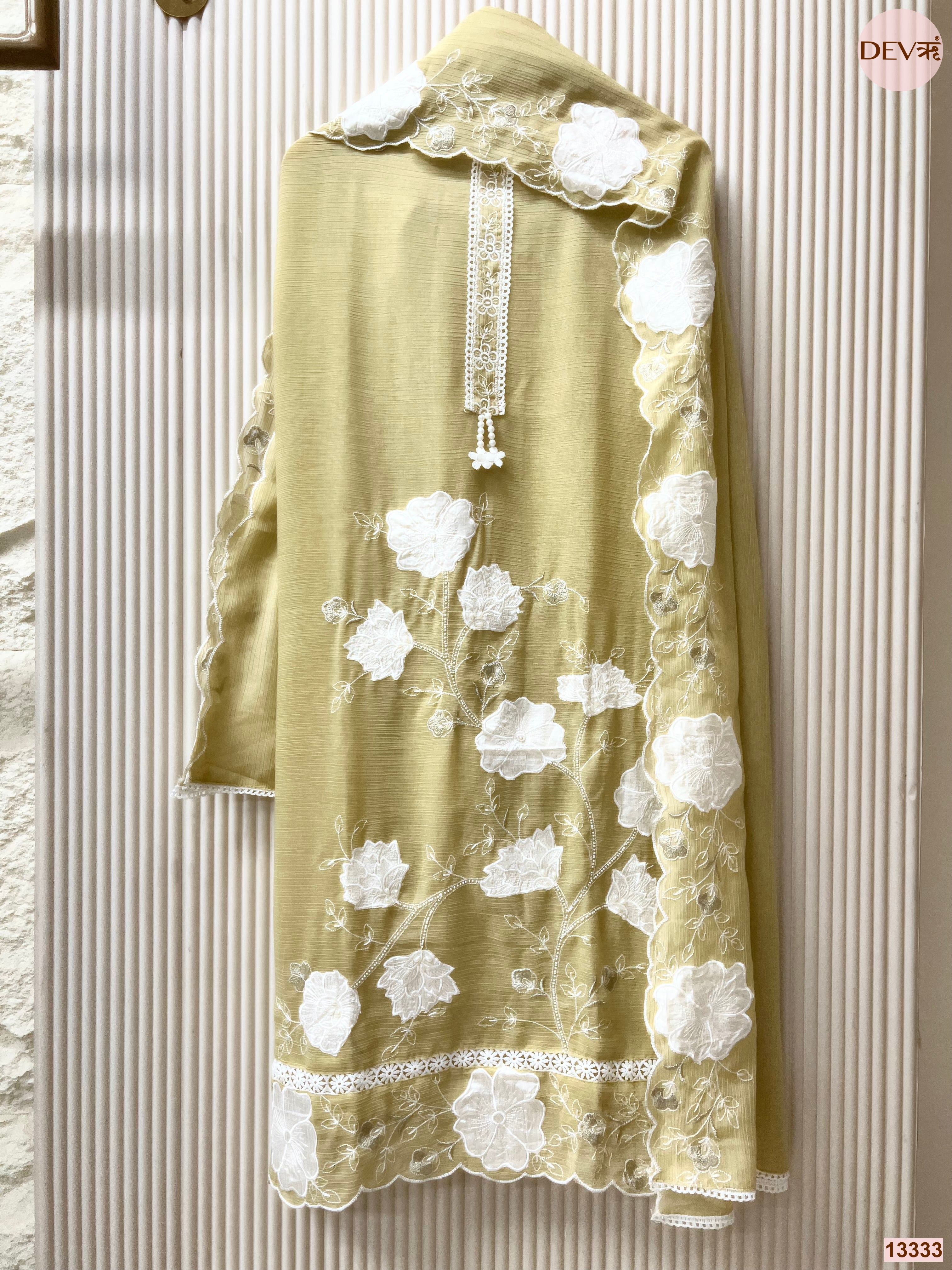 Olive Mul Chanderi Crush Embroidered Unstitched 3-Piece Suit (Devri – D.No 13333)