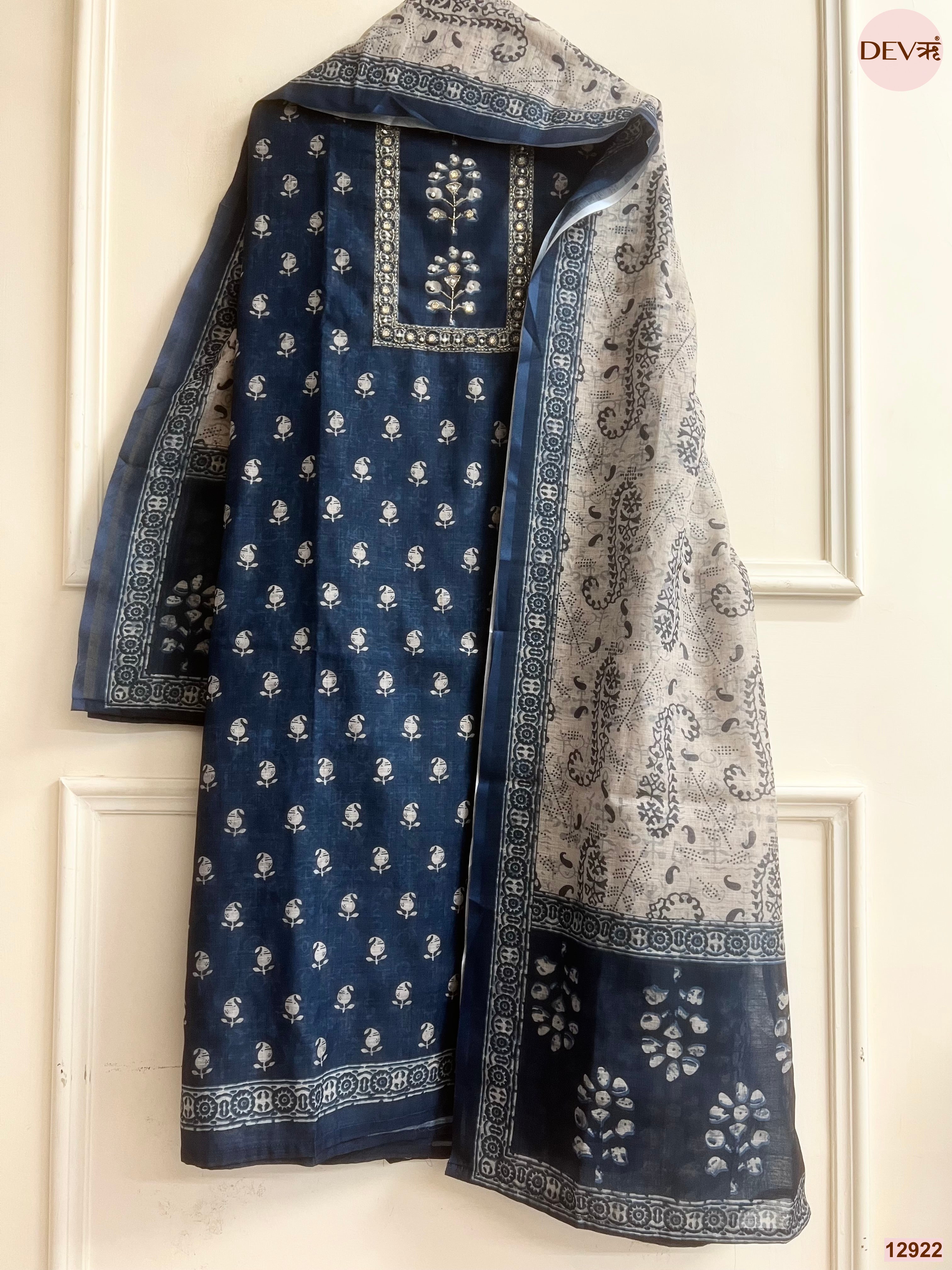 Navy Linen Cotton Printed Unstitched 3-Piece Suit (Devri – D.No 12922)