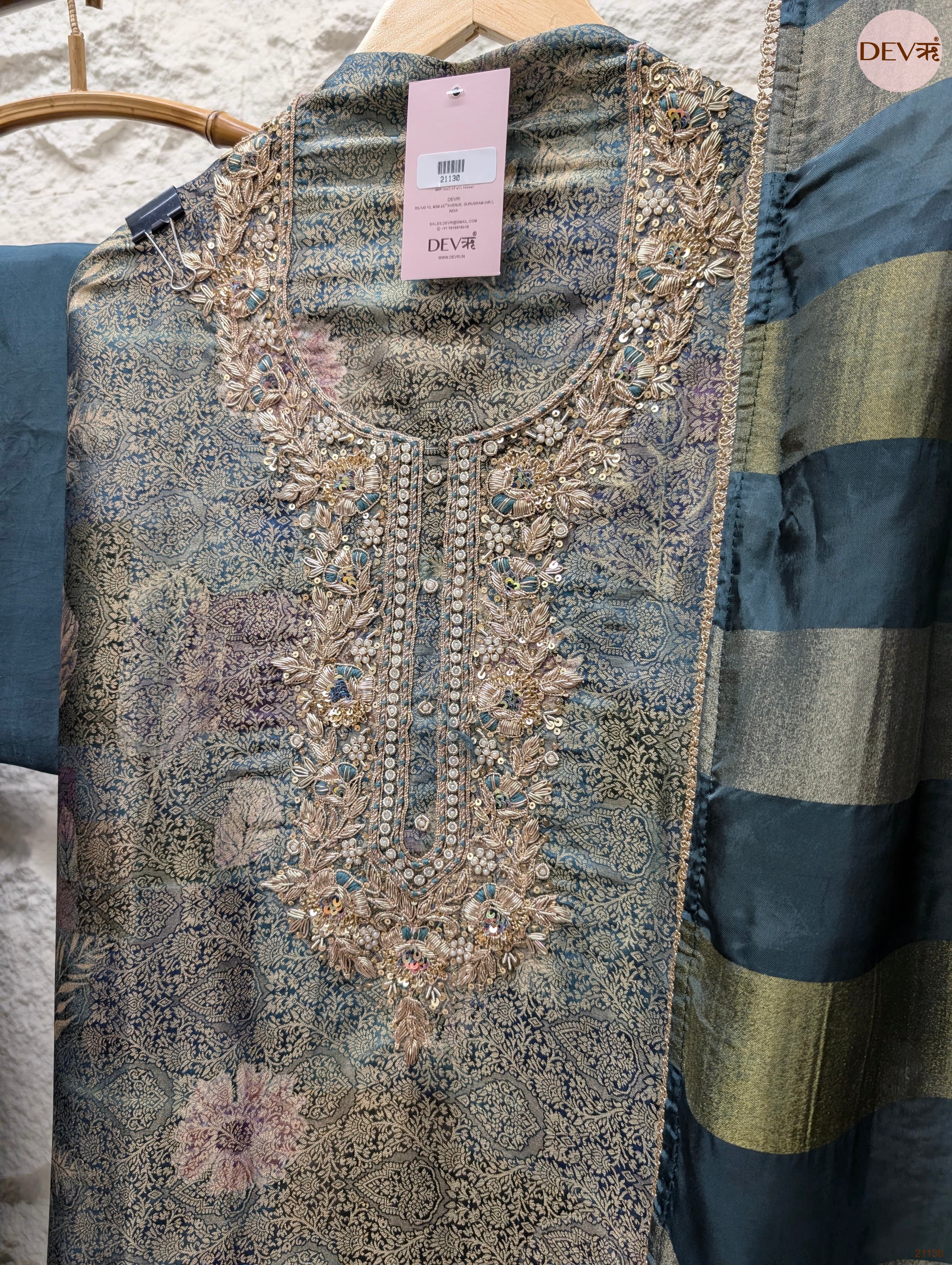 Teal Pure Banarasi Woven Silk Embroidered Unstitched 3-Piece Suit (Devri – D.No 21130)