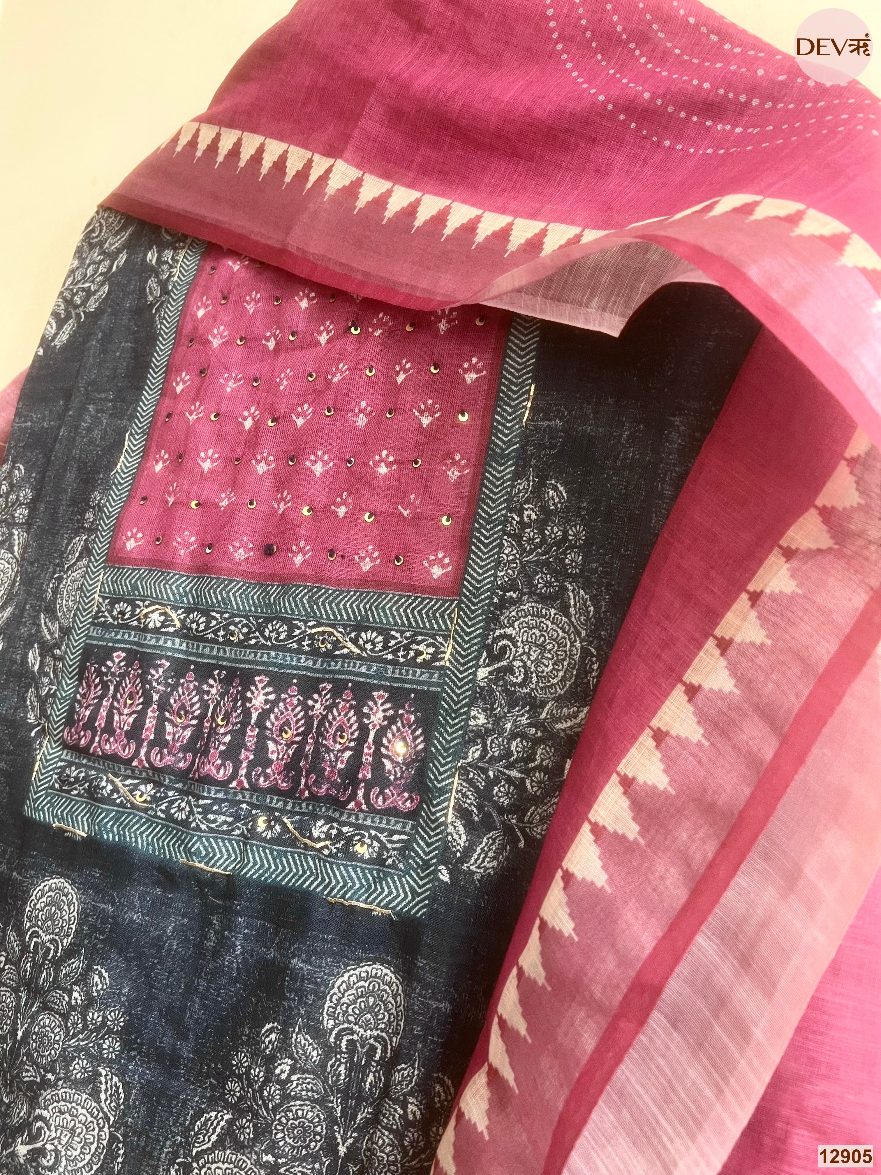 Pink Linen Cotton Printed Unstitched 3-Piece Suit (Devri – D.No 12905)