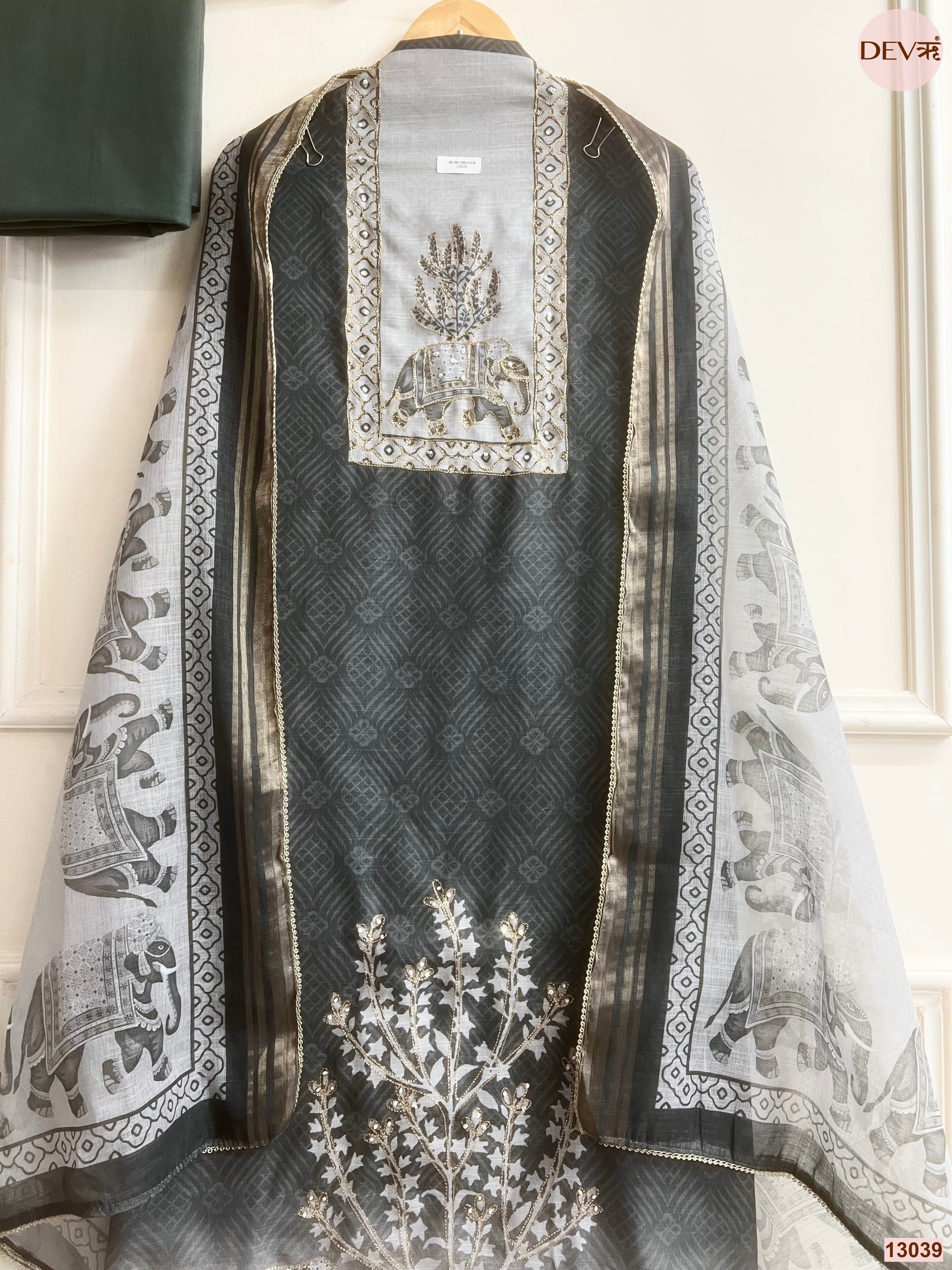 Green Linen Cotton Printed Unstitched 3-Piece Suit (Devri – D.No 13039)