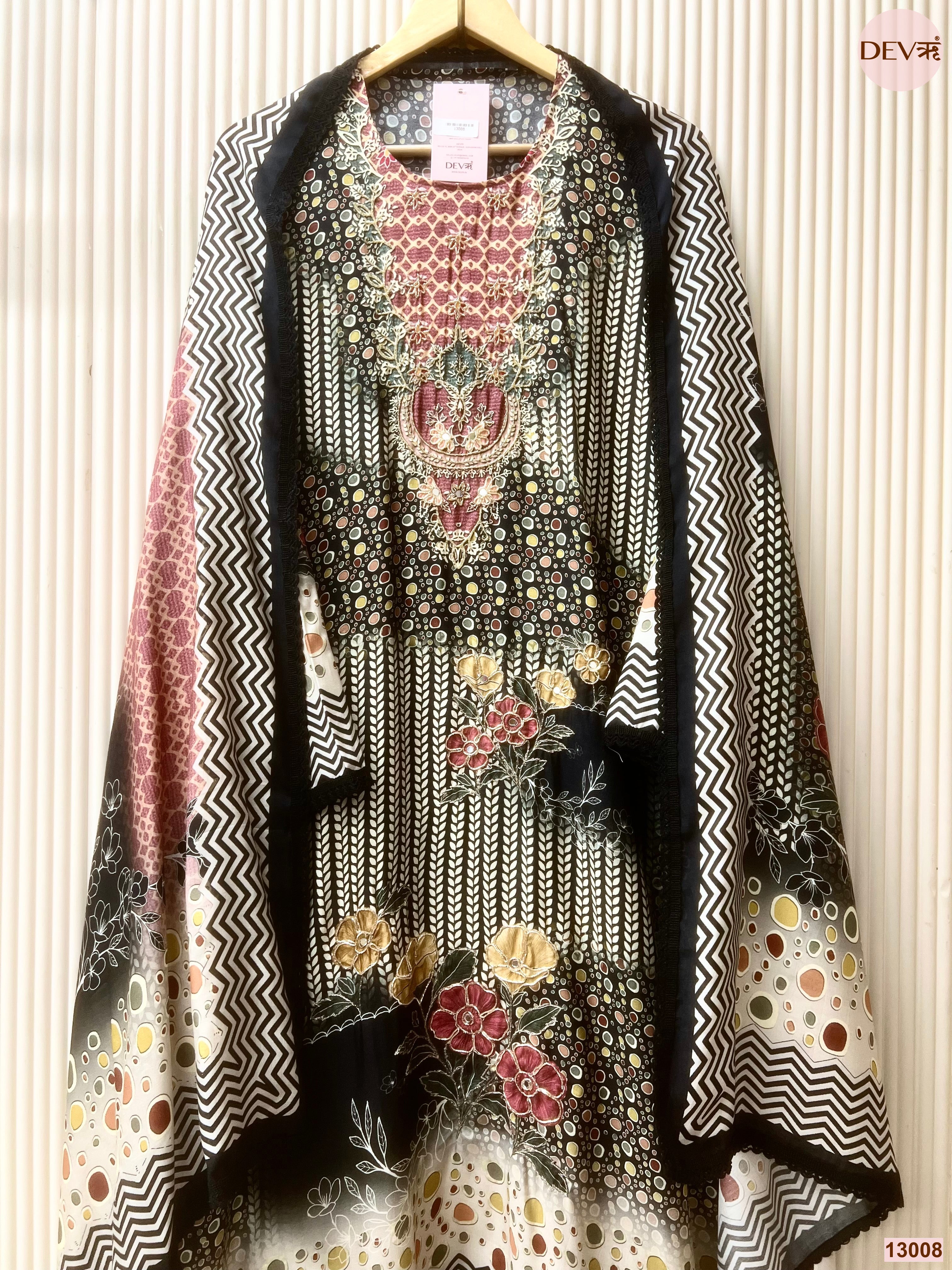 Black Muslin Printed Unstitched 3-Piece Suit (Devri – D.No 13008)