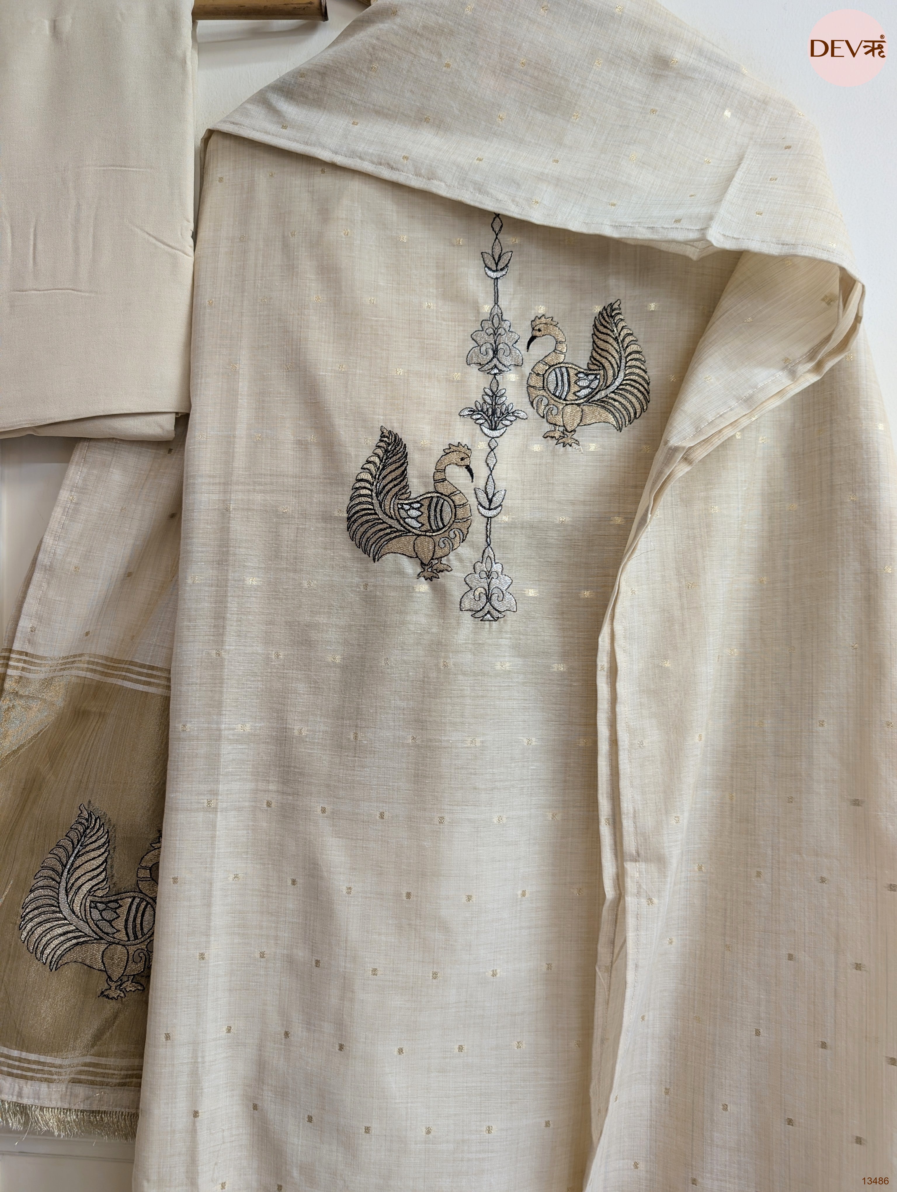 Beige Banarashi Silk Embroidered Unstitched 3-Piece Suit (Devri – D.No 13486)