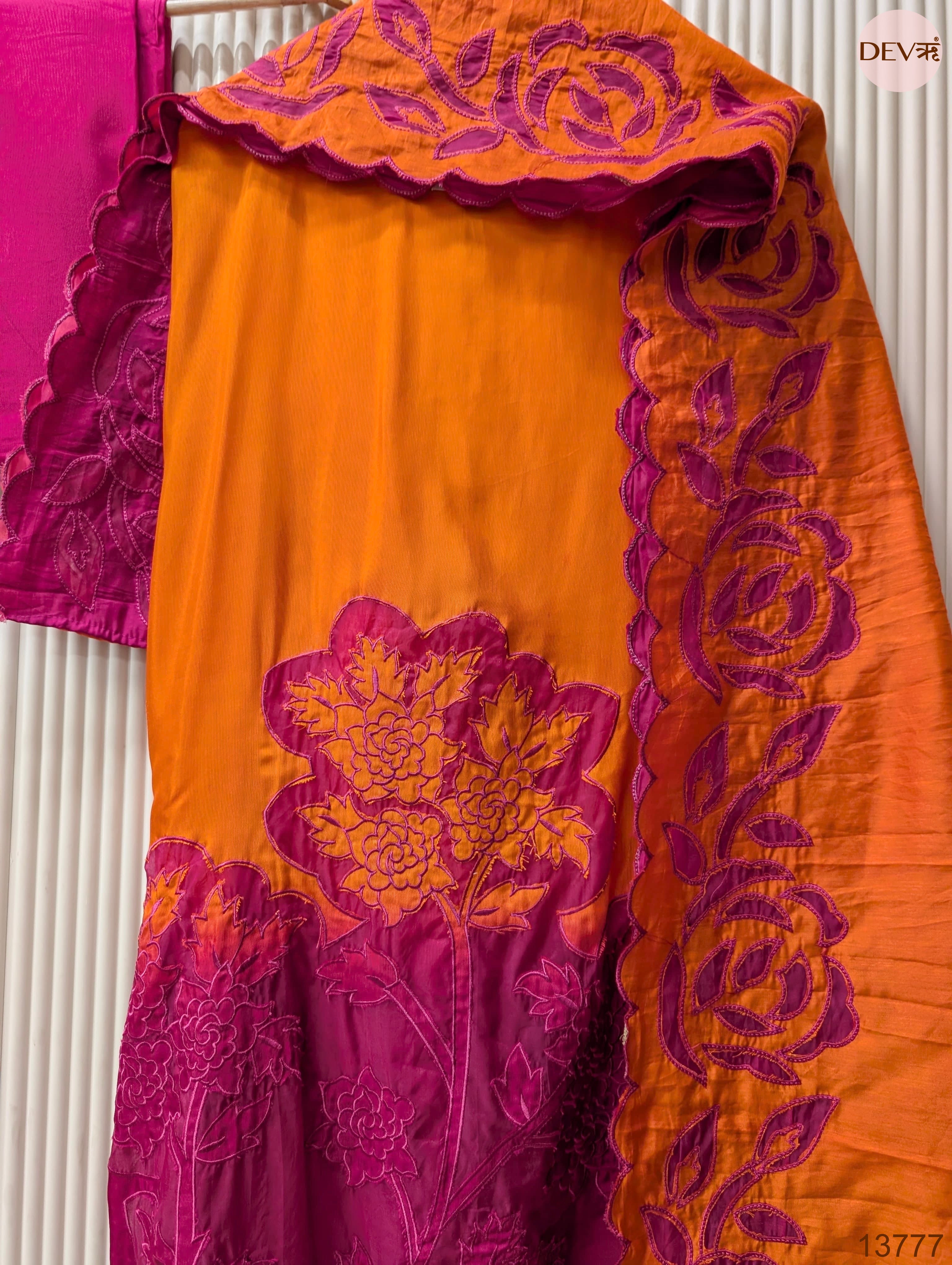 Orange Muslin Embroidered Unstitched 3-Piece Suit (Devri – D.No 13777)