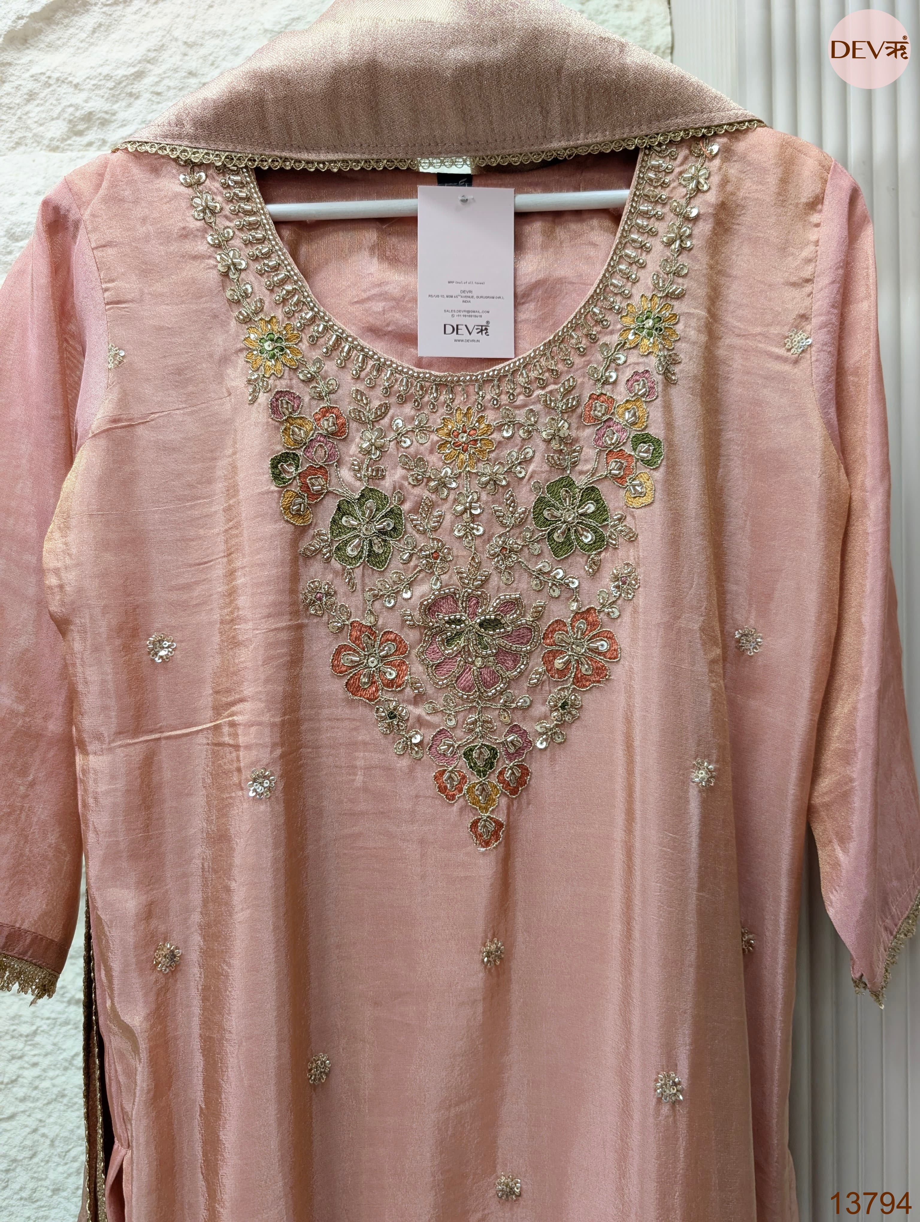Gulnaar Tissue silk Embroidered Blush Pink 3-Piece Set (Devri – D.No 13794)