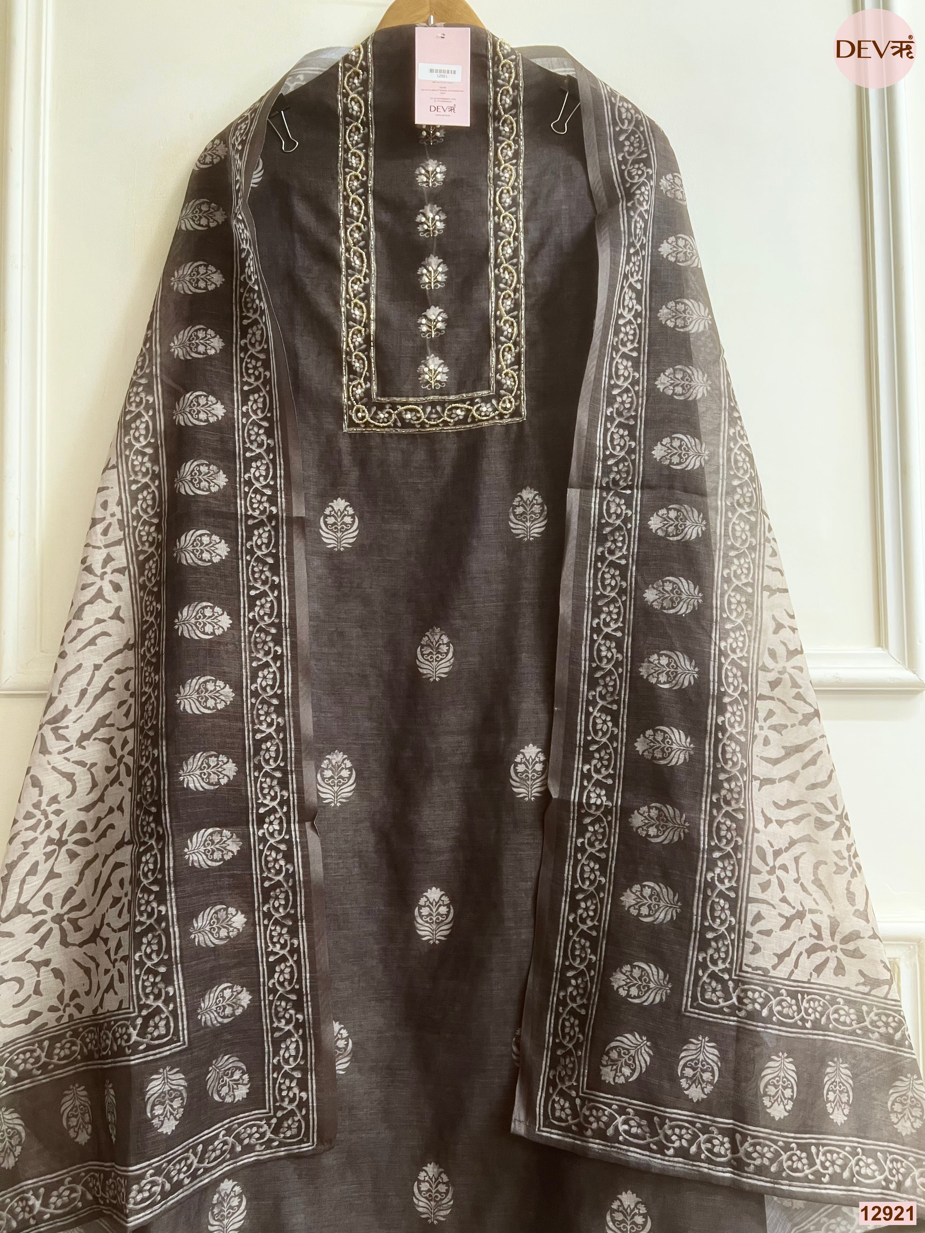 Black Linen Cotton Printed Unstitched 3-Piece Suit (Devri – D.No 12921)