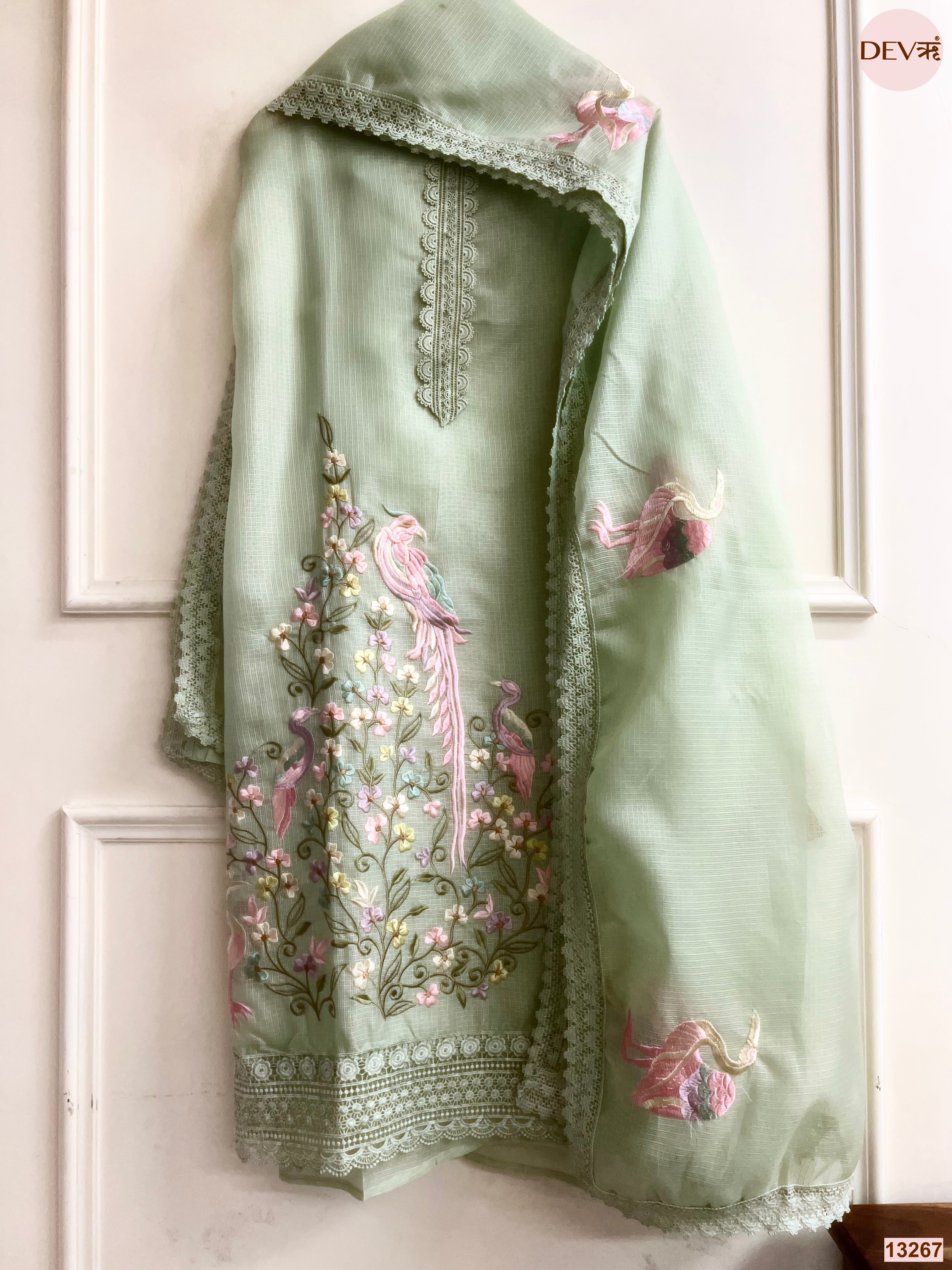Sage Green Kota Cotton Embroidered Unstitched 3-Piece Suit (Devri – D.No 13267)