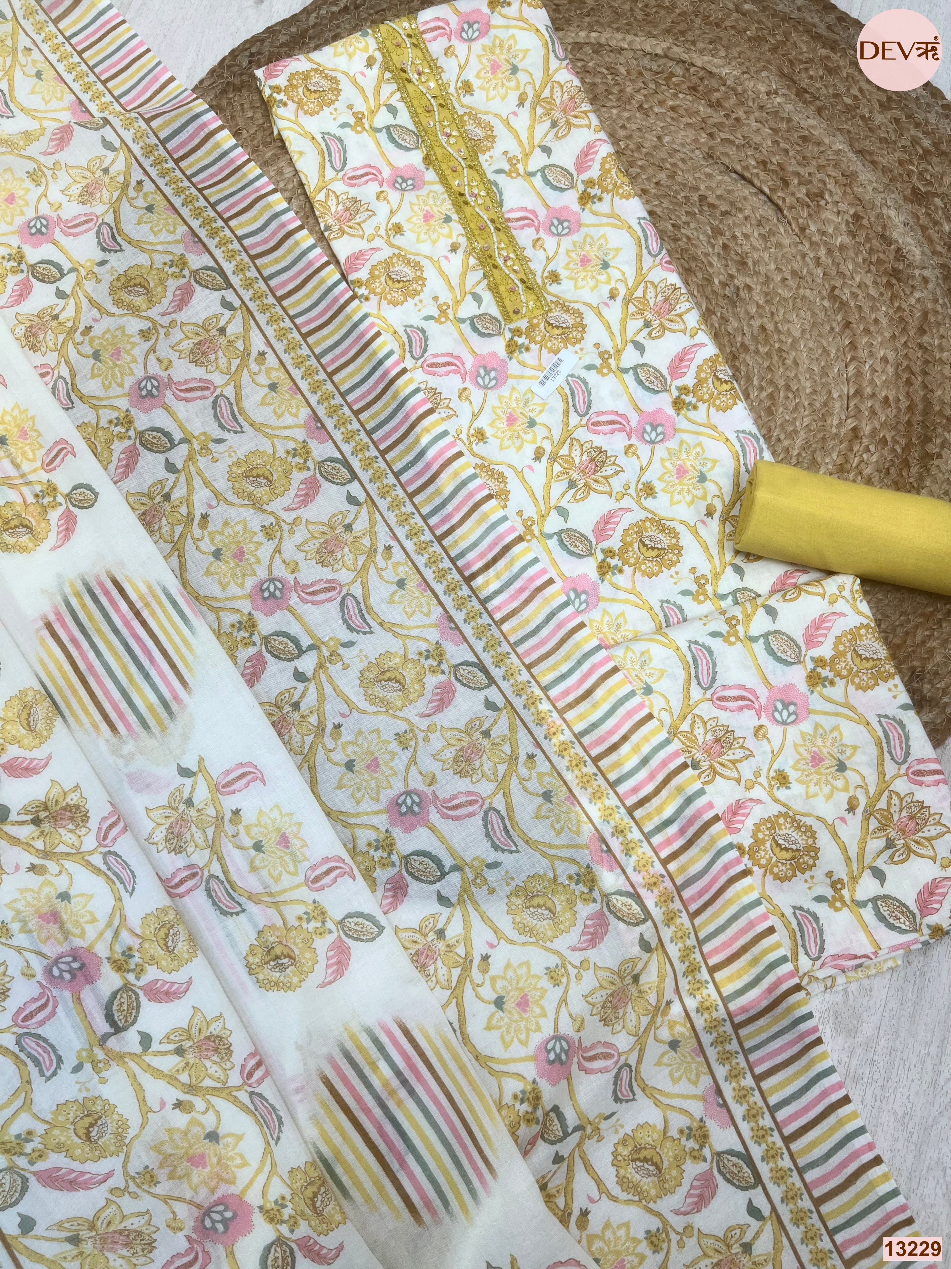 Yellow Cotton Printed Unstitched 3-Piece Suit (Devri – D.No 13229)