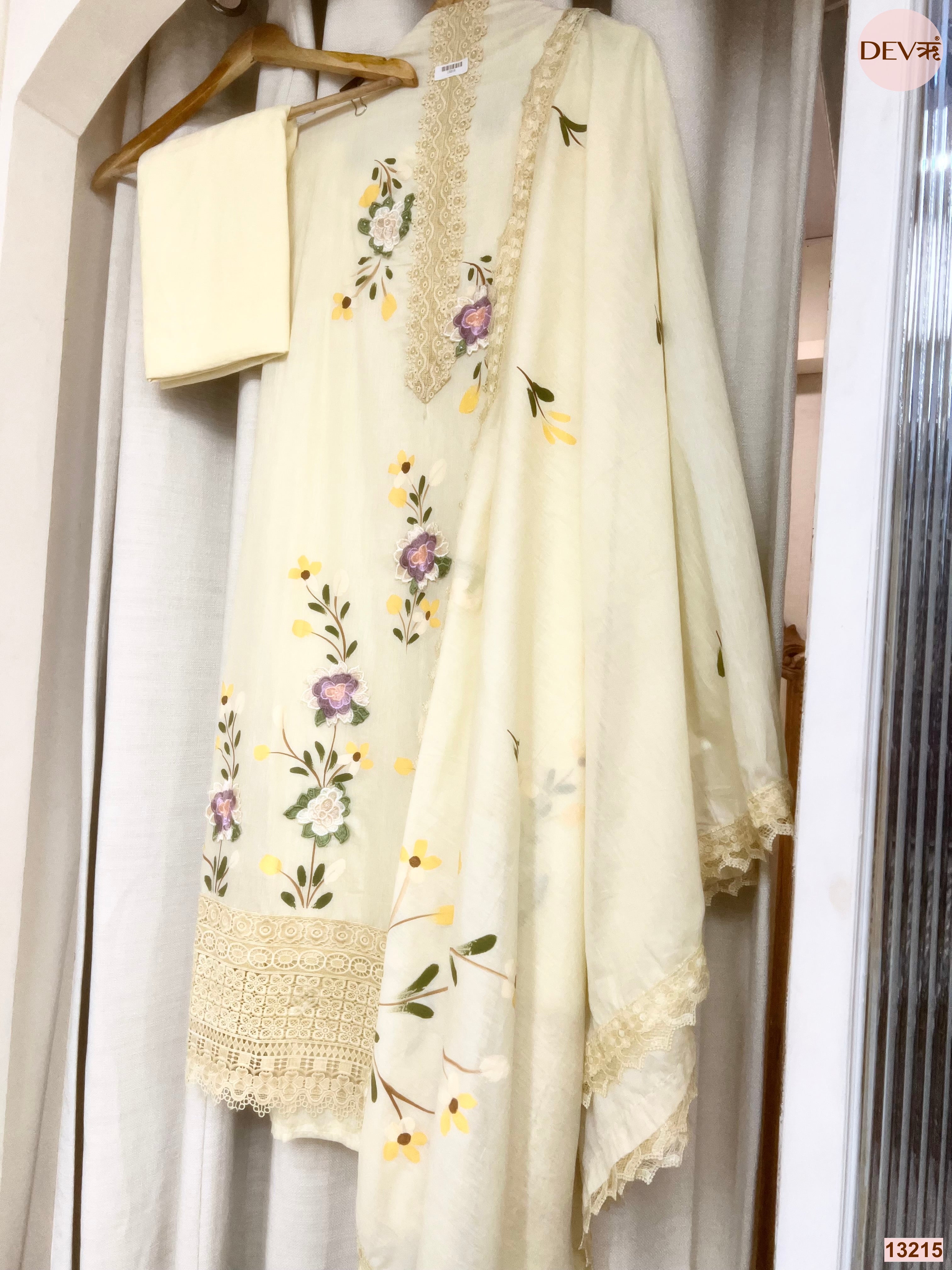 Lemon Mul Chanderi Embroidered Unstitched 3-Piece Suit (Devri – D.No 13215)