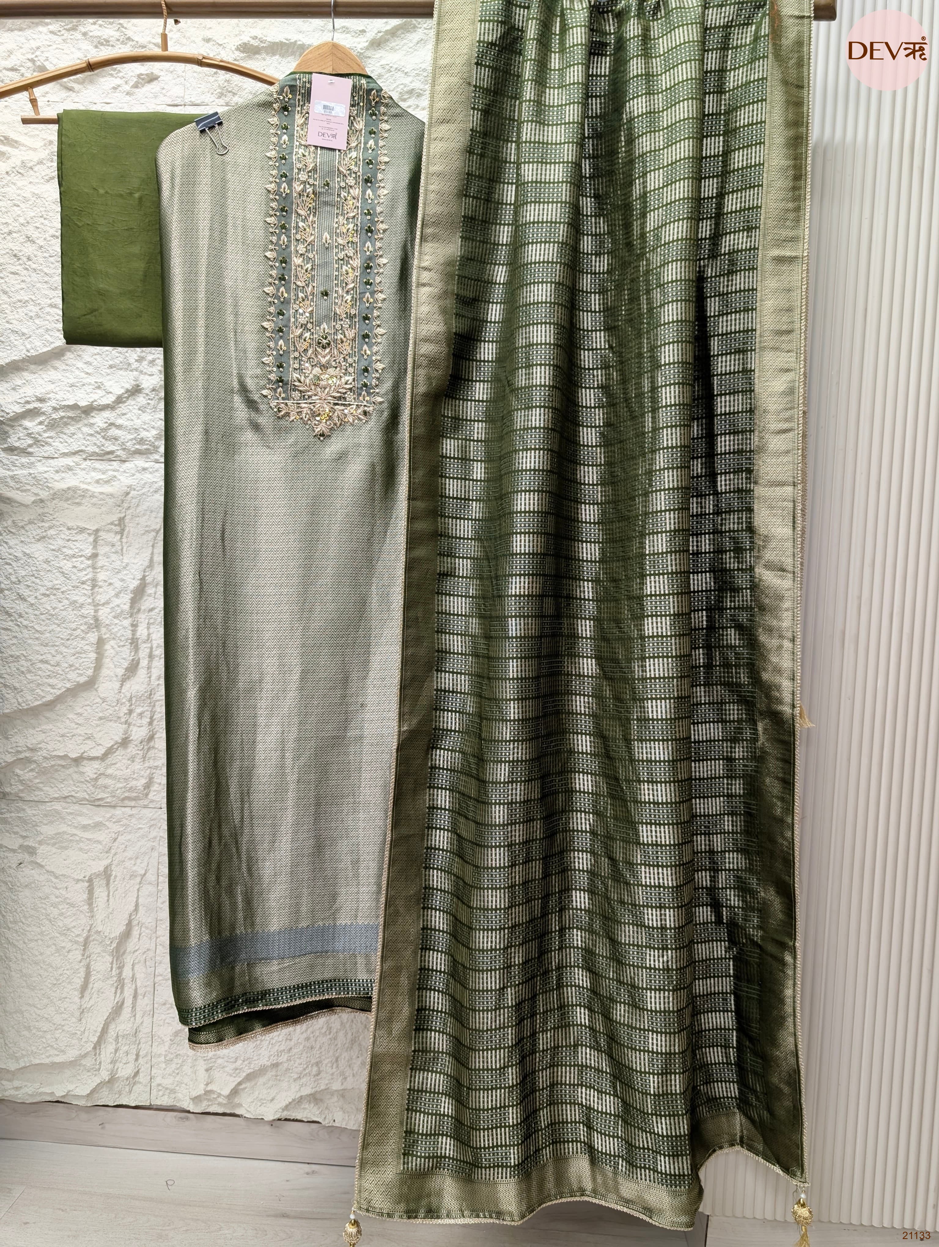 Olive Pure giraffe banarasi silk Embroidered Unstitched 3-Piece Suit (Devri – D.No 21133)