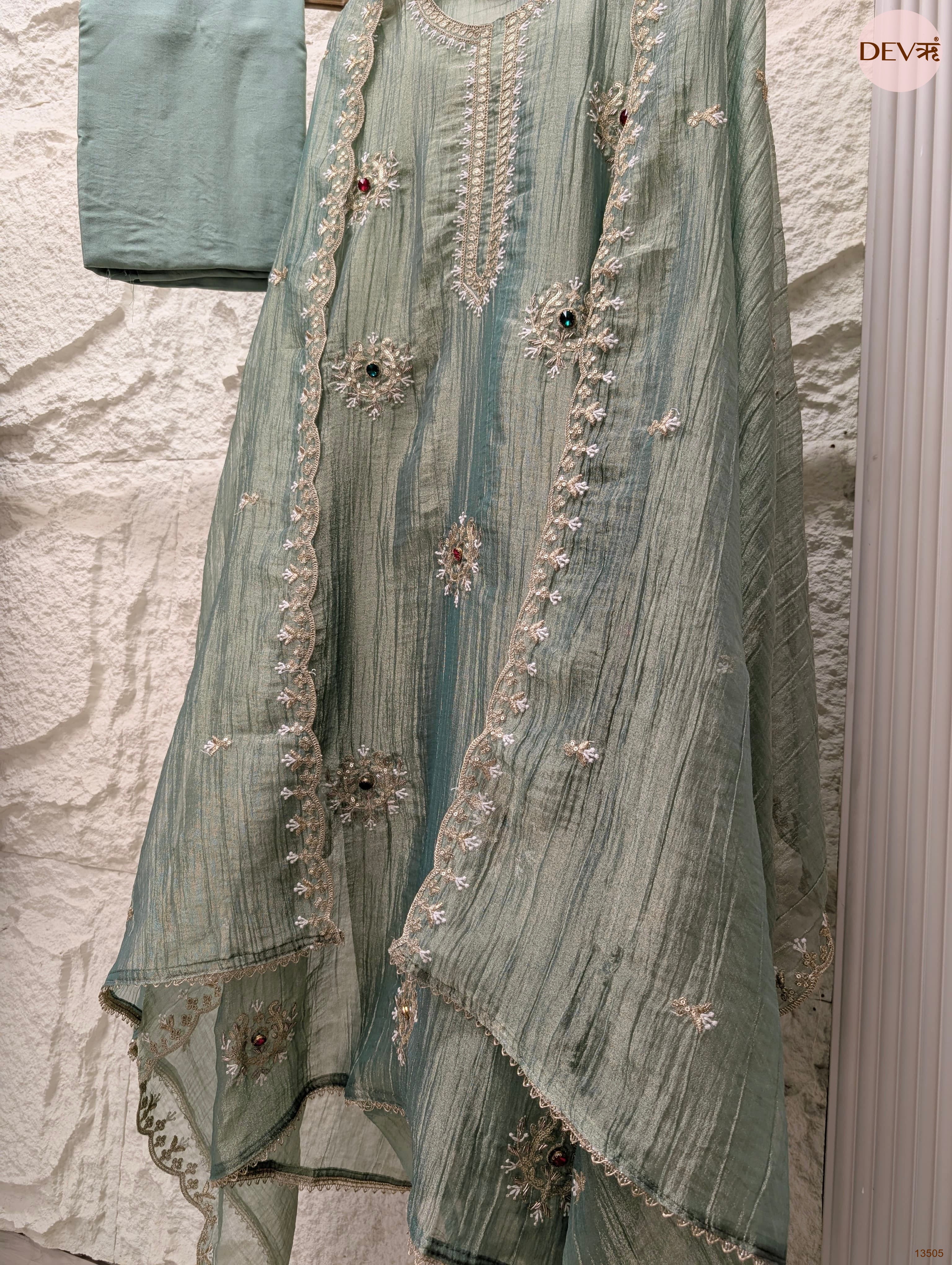 Green Tissue Crush Silk Embroidered Unstitched 3-Piece Suit (Devri – D.No 13505)