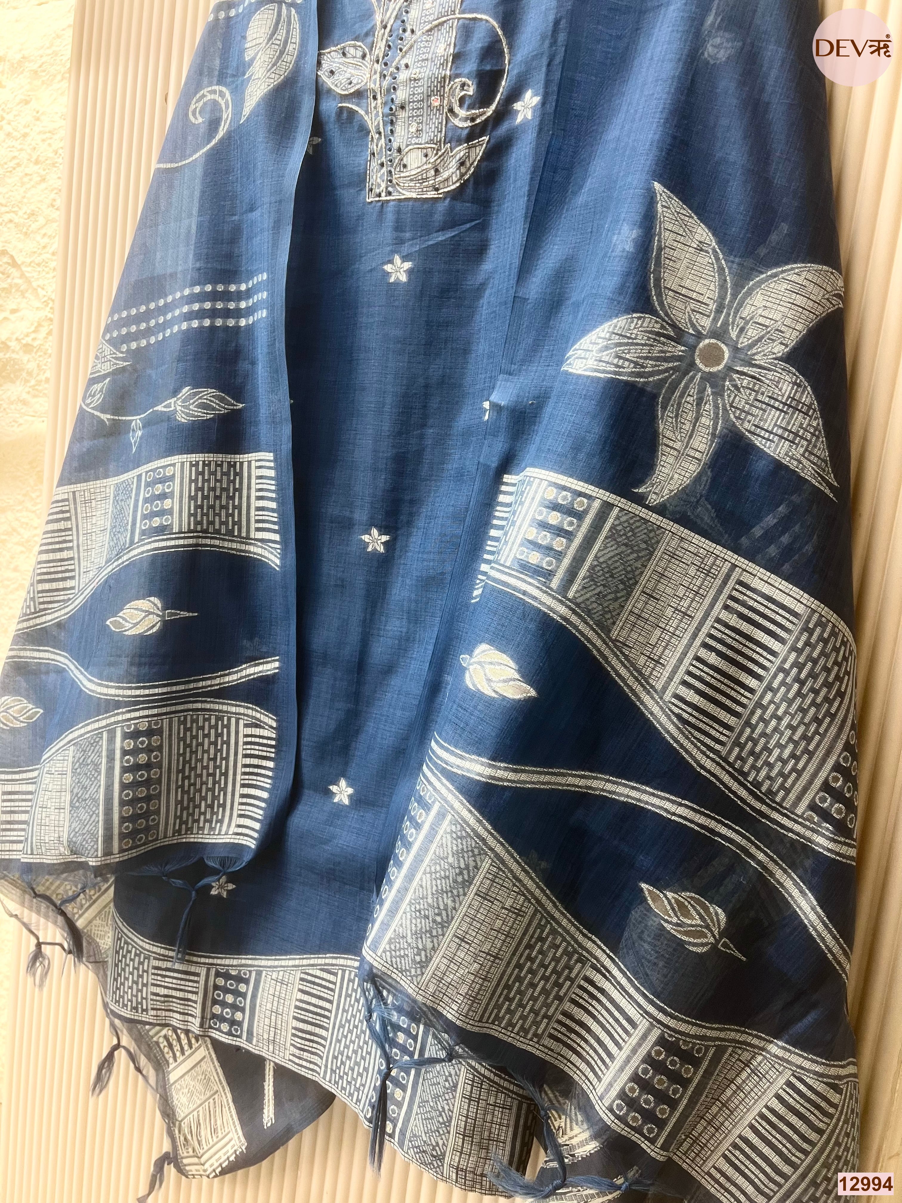 Blue Linen Cotton Printed Unstitched 3-Piece Suit (Devri – D.No 12994)