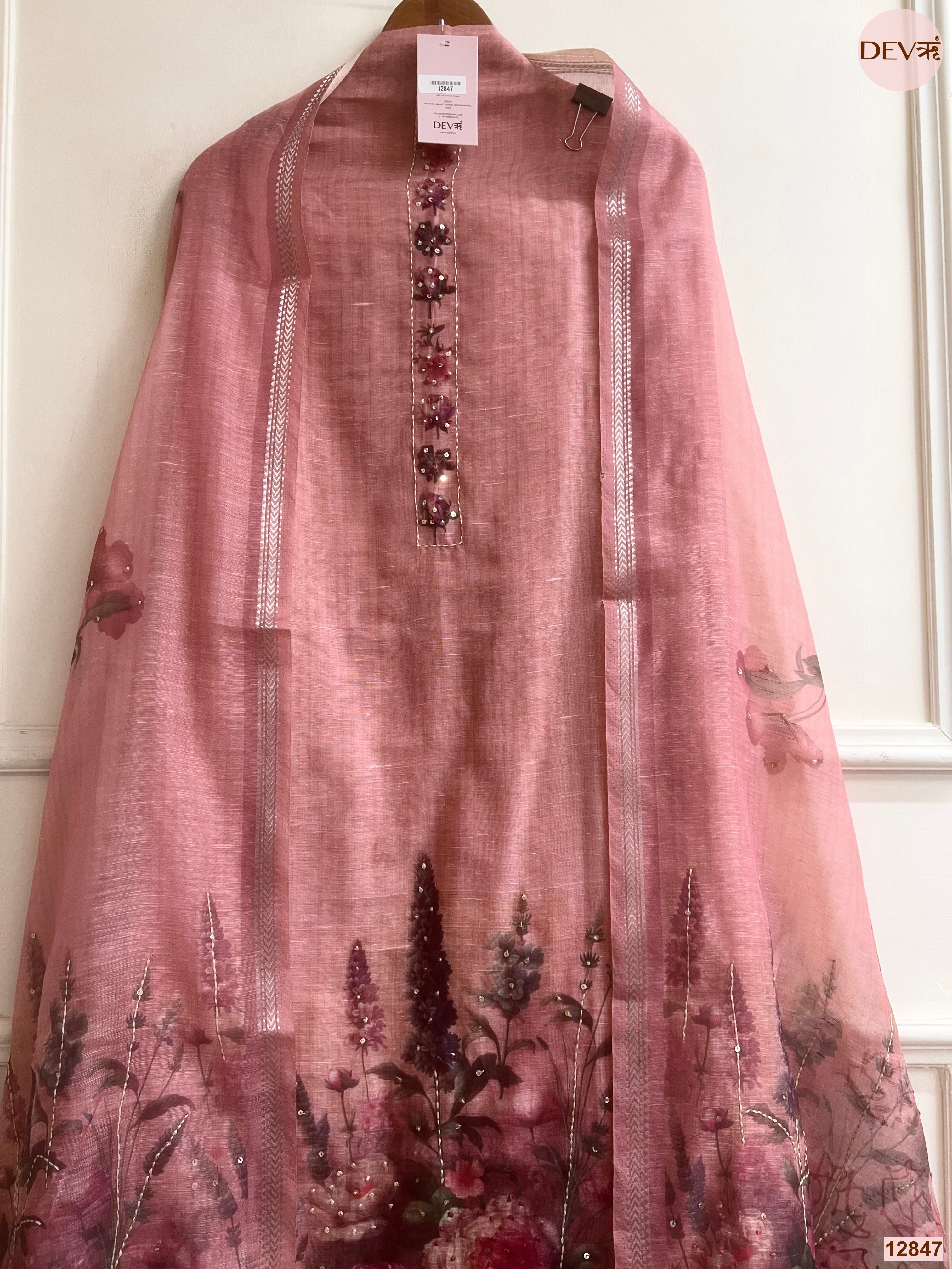 Pink Mul Chanderi Printed Unstitched 3-Piece Suit (Devri – D.No 12847)