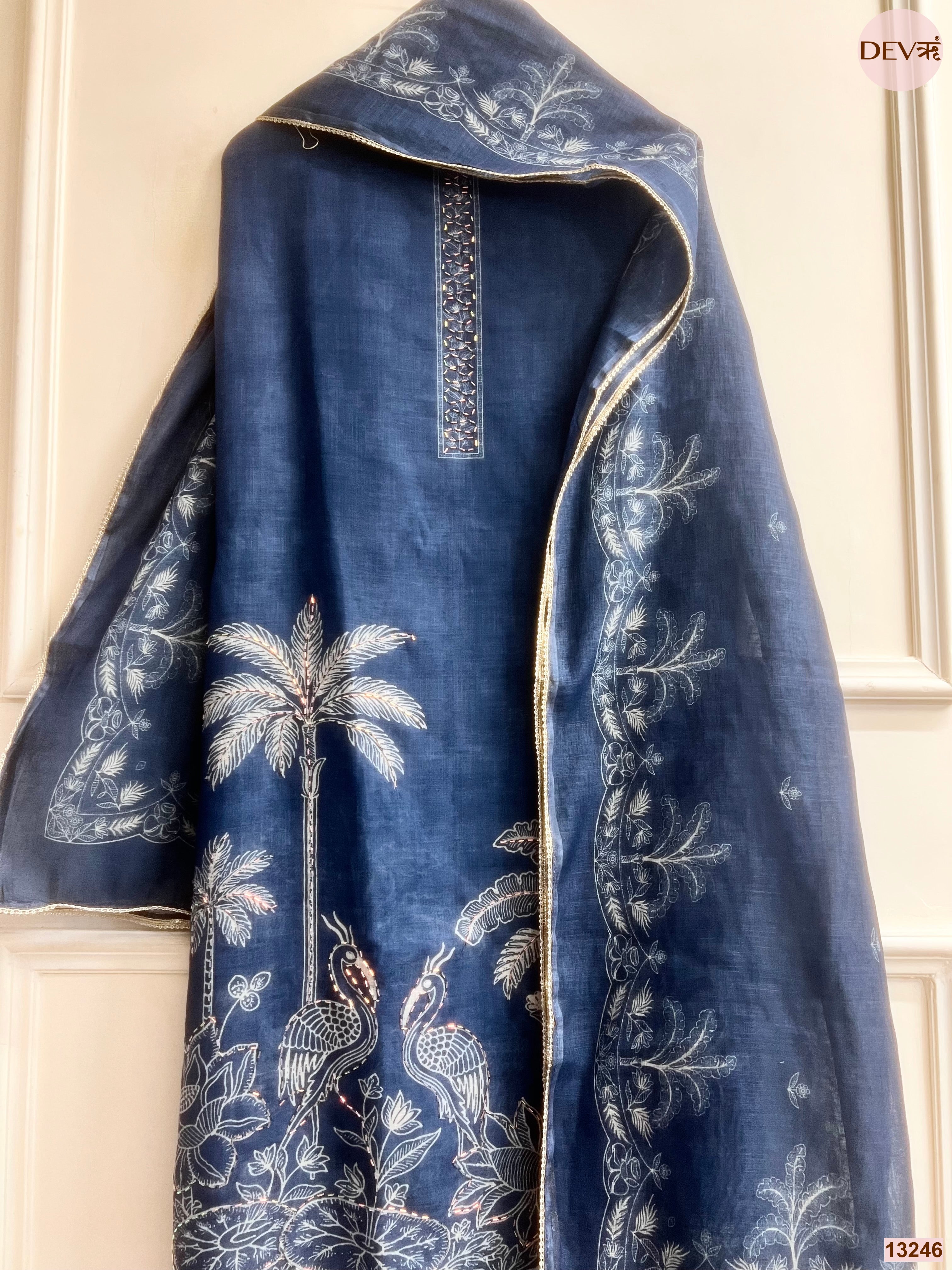 Navy Linen Cotton Printed Unstitched 3-Piece Suit (Devri – D.No 13246)