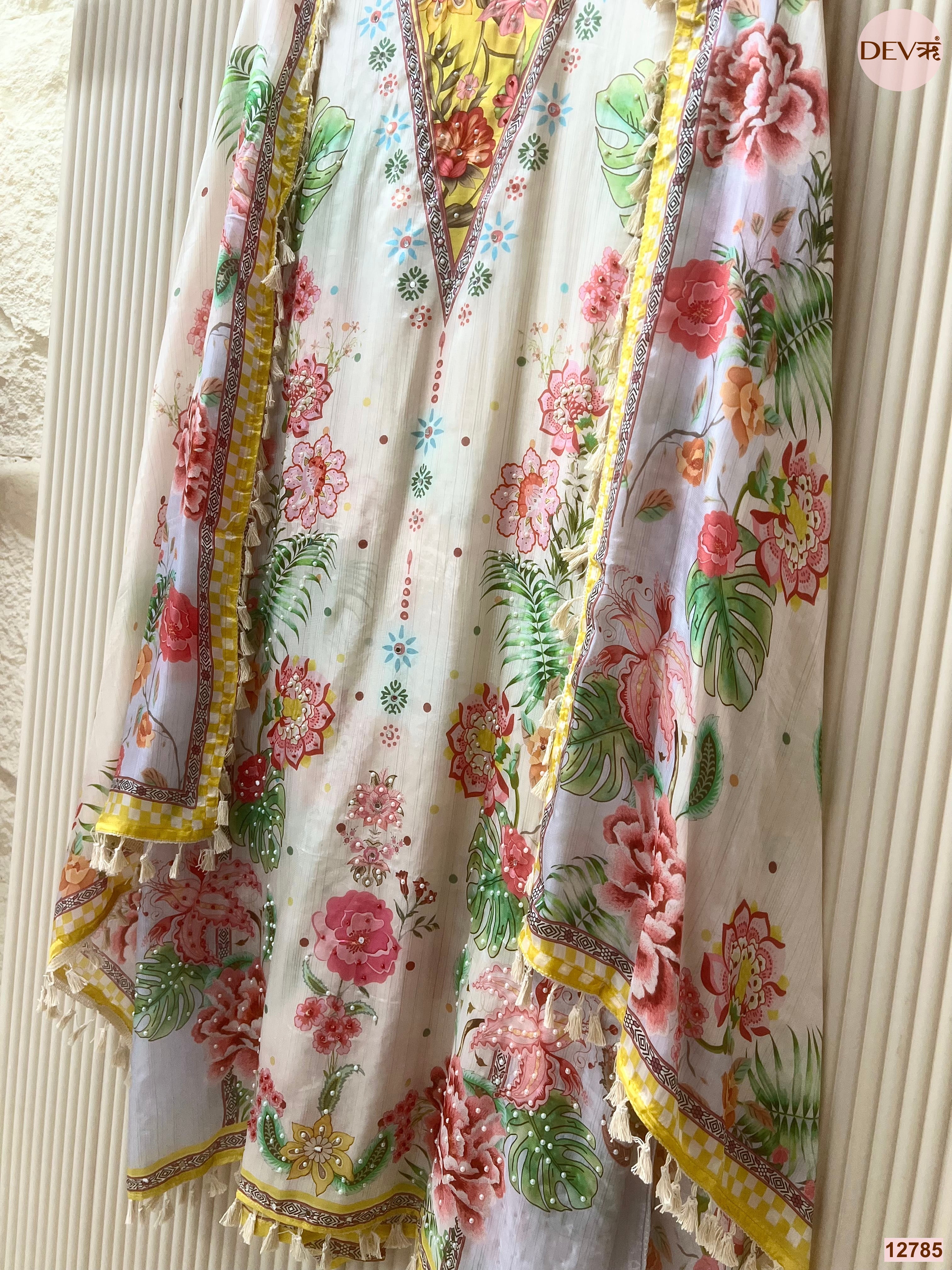 White organza Printed Unstitched 3-Piece Suit (Devri – D.No 12785)
