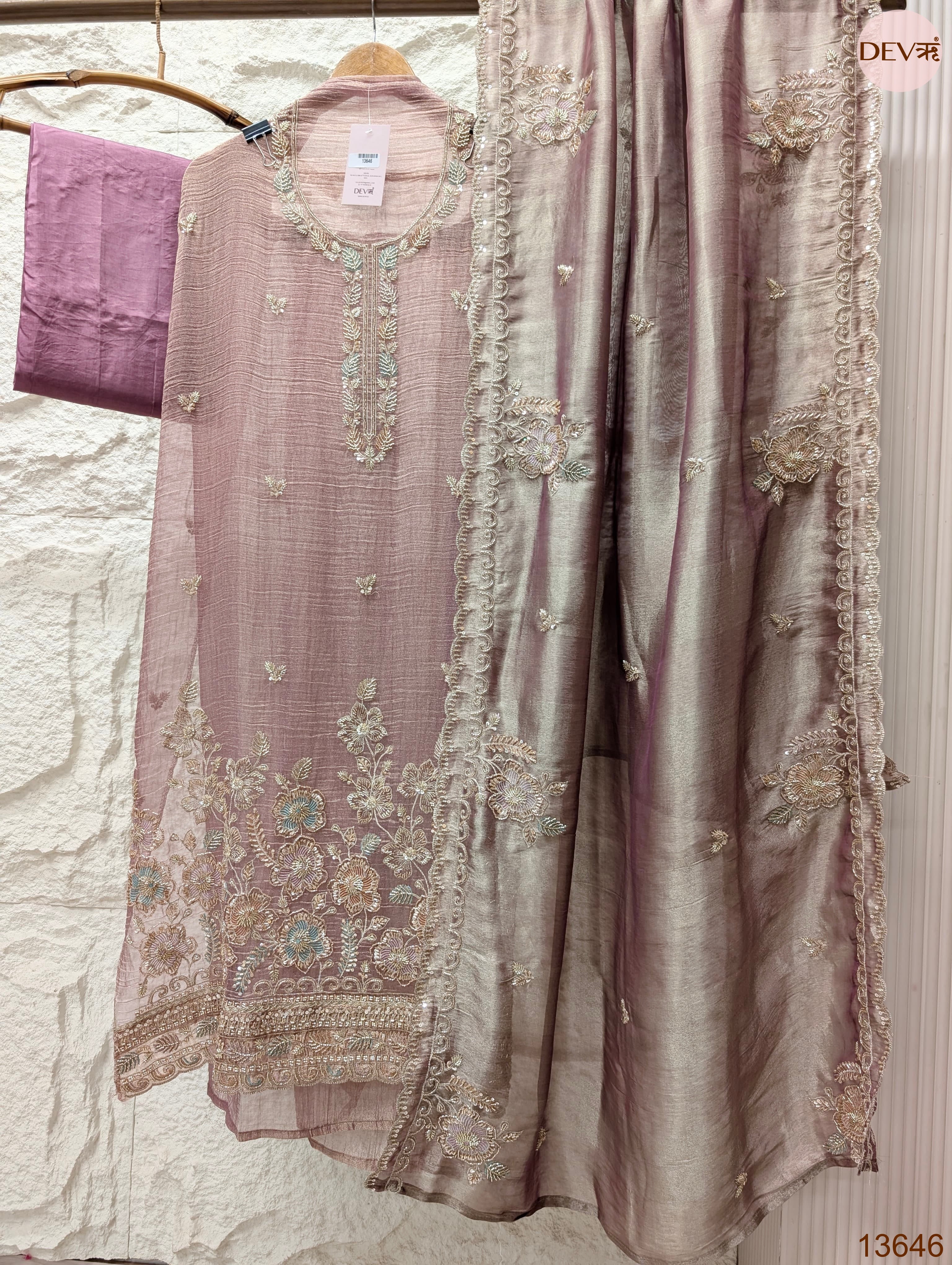 Mauve Tissue Crush Silk Embroidered Unstitched 3-Piece Suit (Devri – D.No 13646)