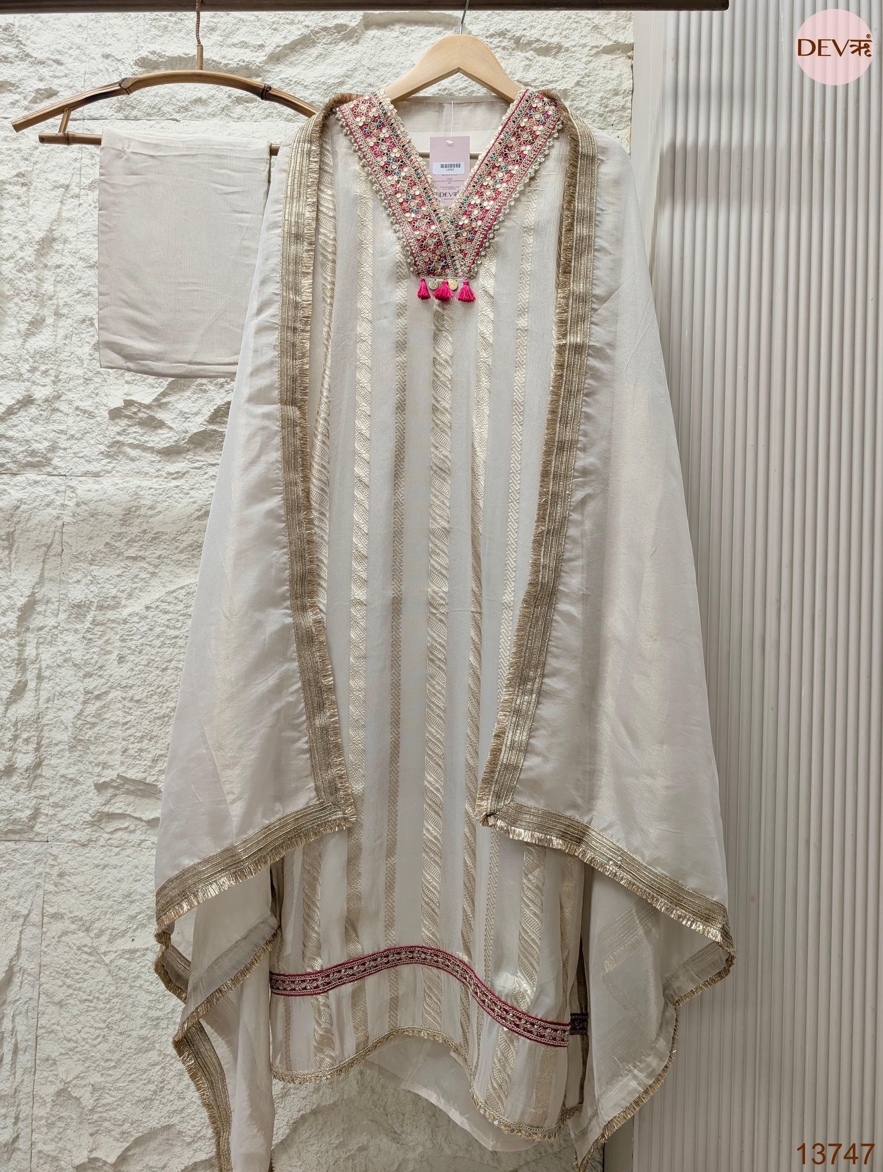 Off White Pure tissue silk Embroidered Unstitched 3-Piece Suit (Devri – D.No 13747)