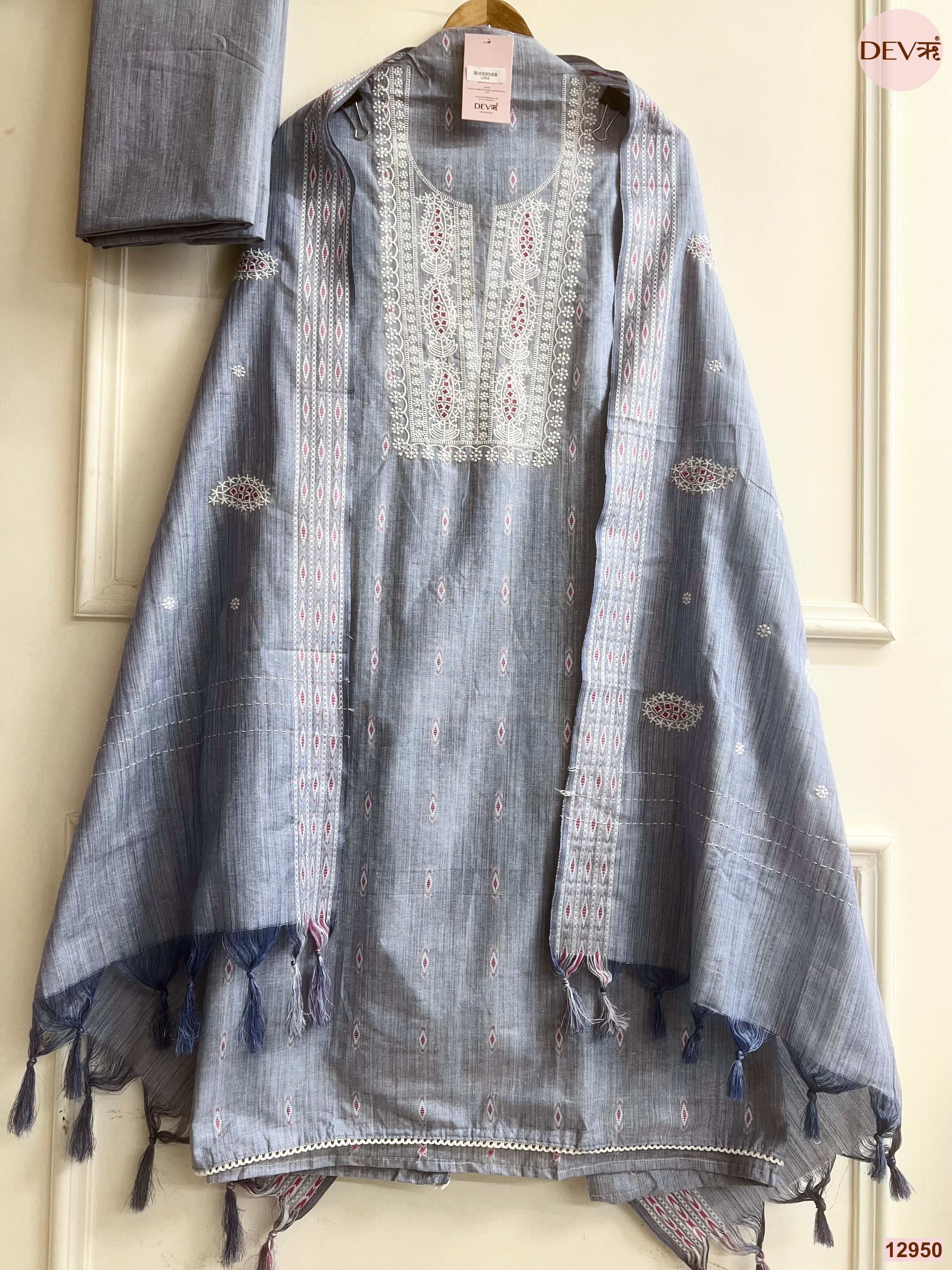 Grey Cotton Handloom Embroidered Unstitched 3-Piece Suit (Devri – D.No 12950)