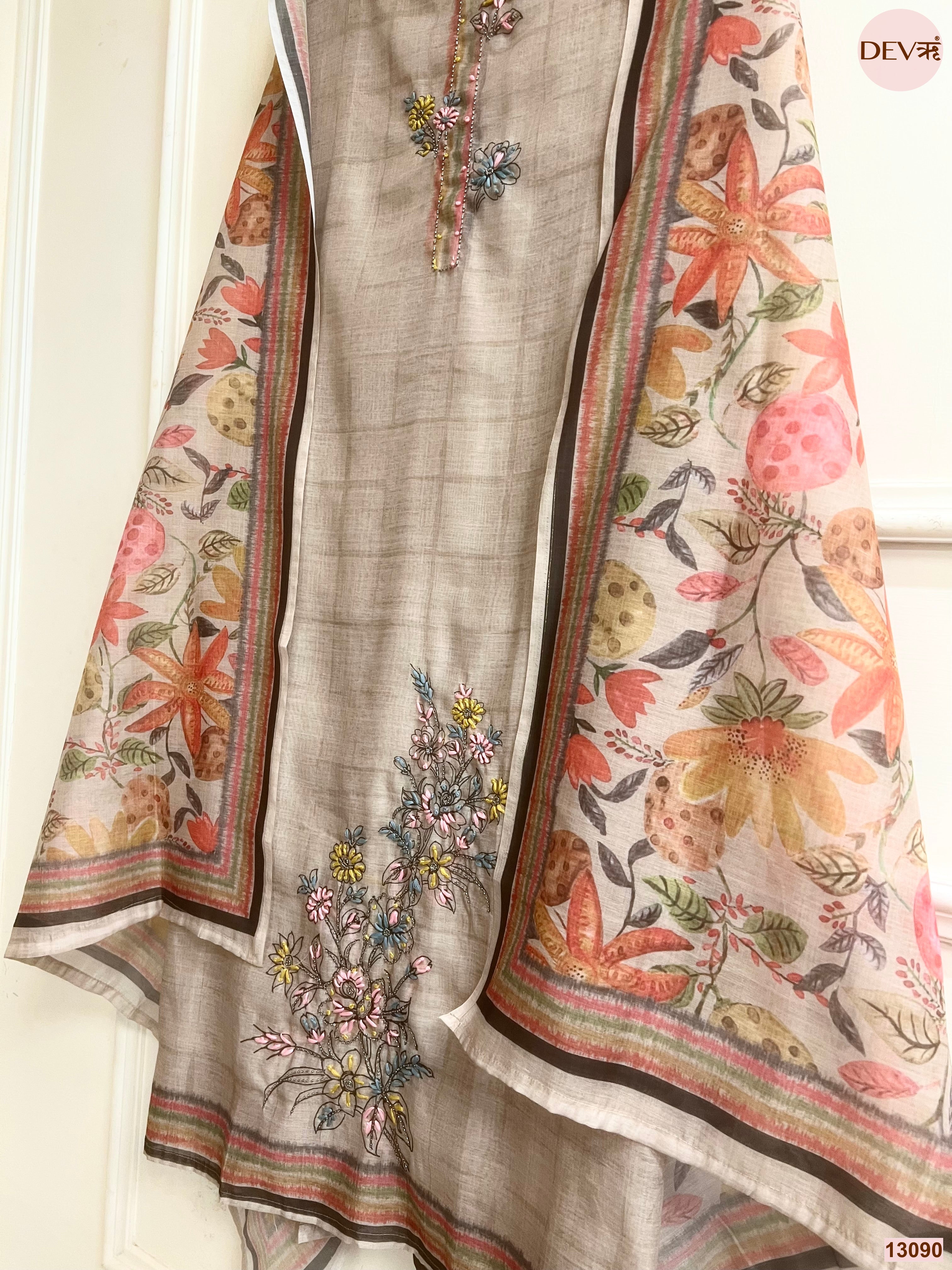 Grey Mul Chanderi Embroidered Unstitched 3-Piece Suit (Devri – D.No 13090)