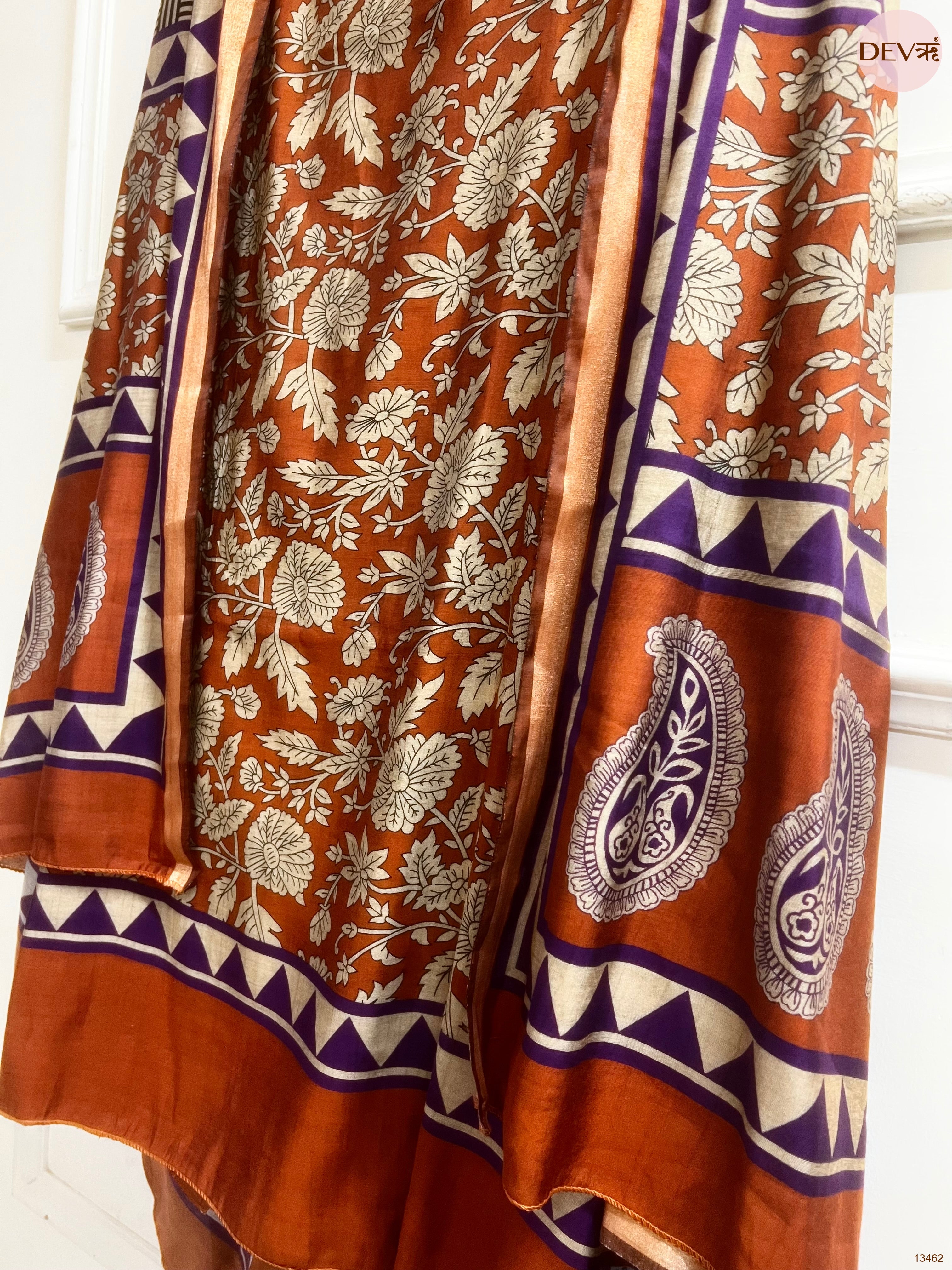 Rust Maheshwari Silk Printed Unstitched 3-Piece Suit (Devri – D.No 13462)