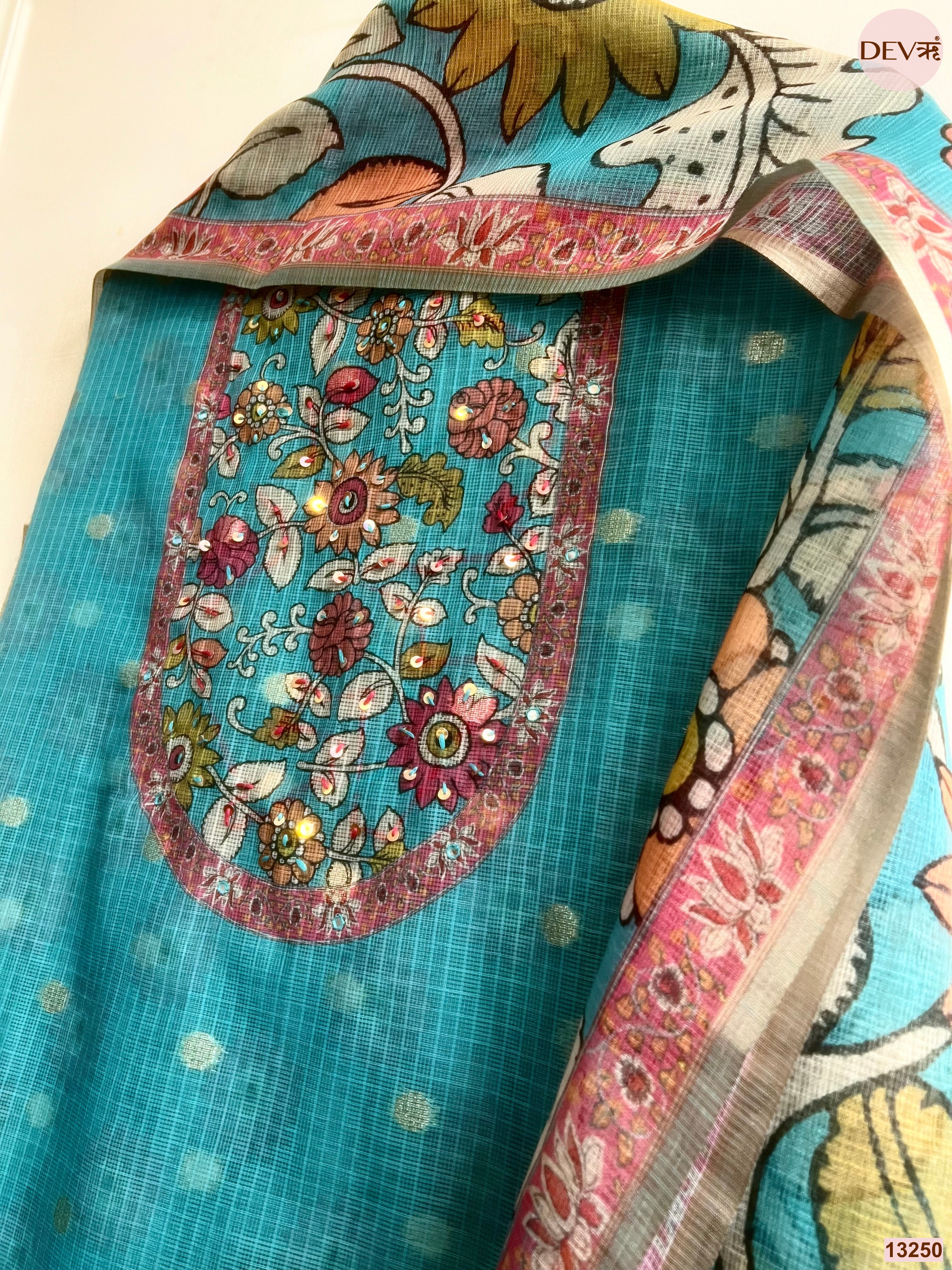 Turquoise Kota Printed Unstitched 3-Piece Suit (Devri – D.No 13250)