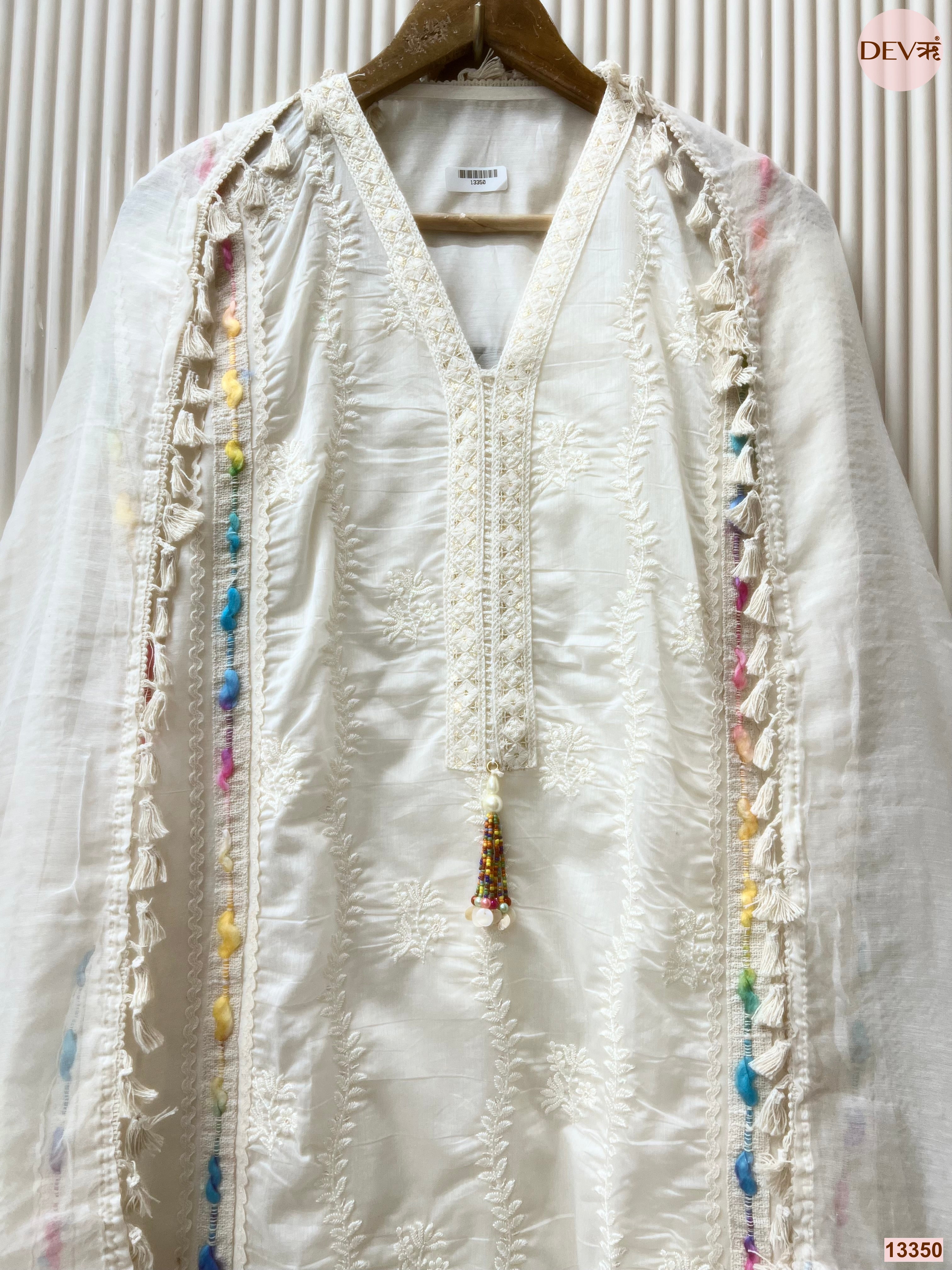 White Mul Chanderi Embroidered Unstitched 3-Piece Suit (Devri – D.No 13350)