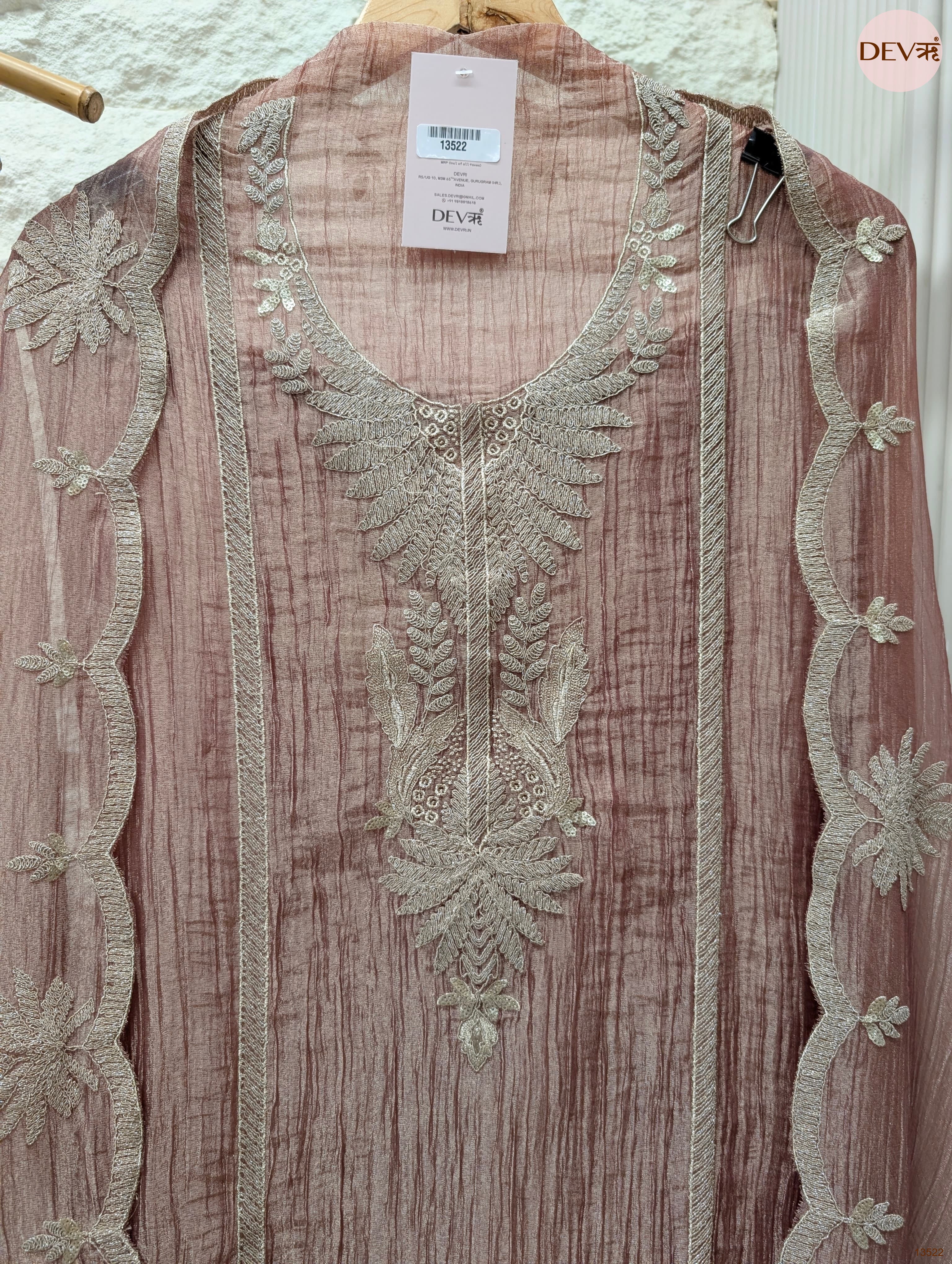 Pink Tissue Crush Silk Embroidered Unstitched 3-Piece Suit (Devri – D.No 13522)