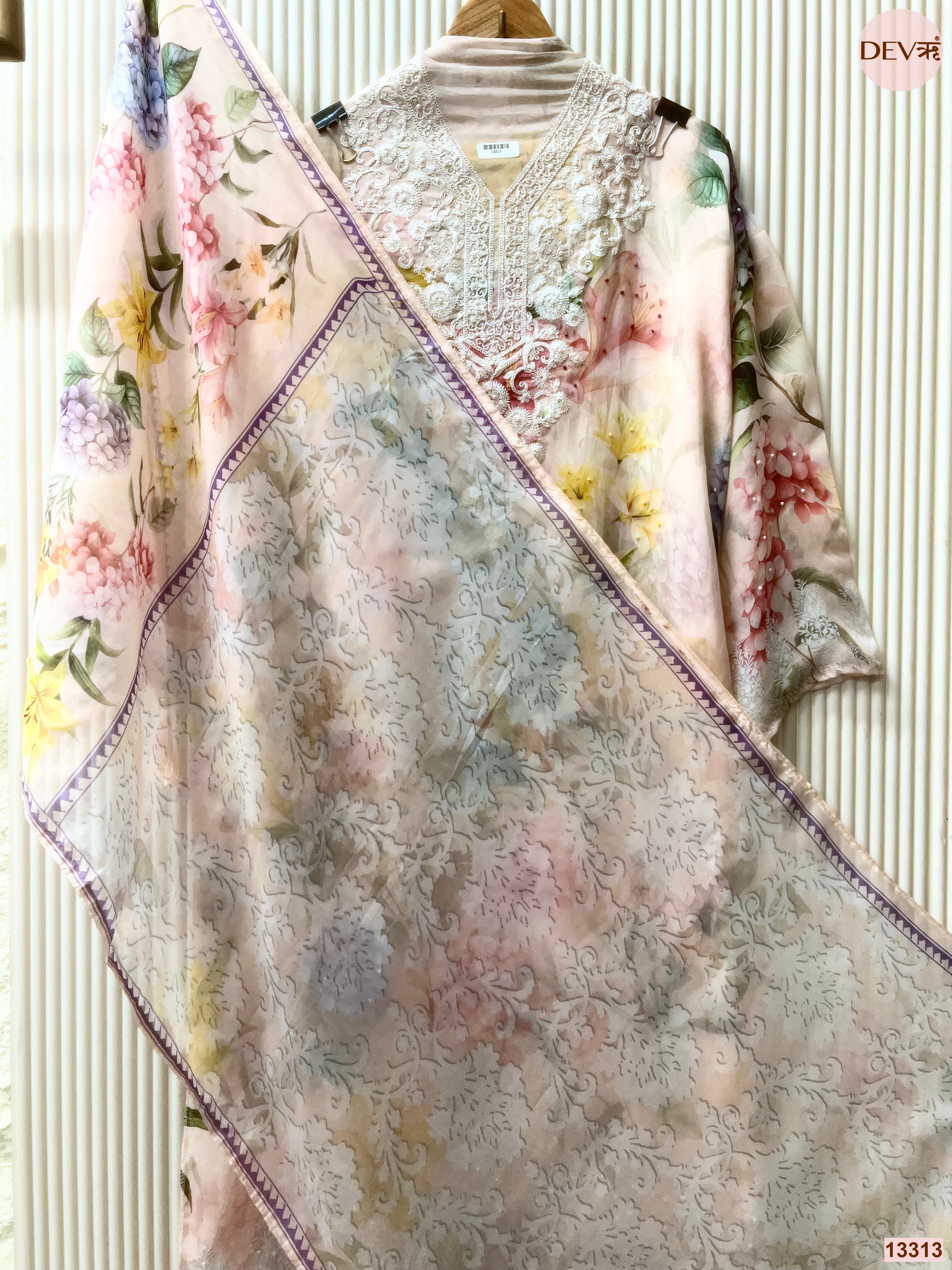 Peach Organza Printed Unstitched 3-Piece Suit (Devri – D.No 13313)