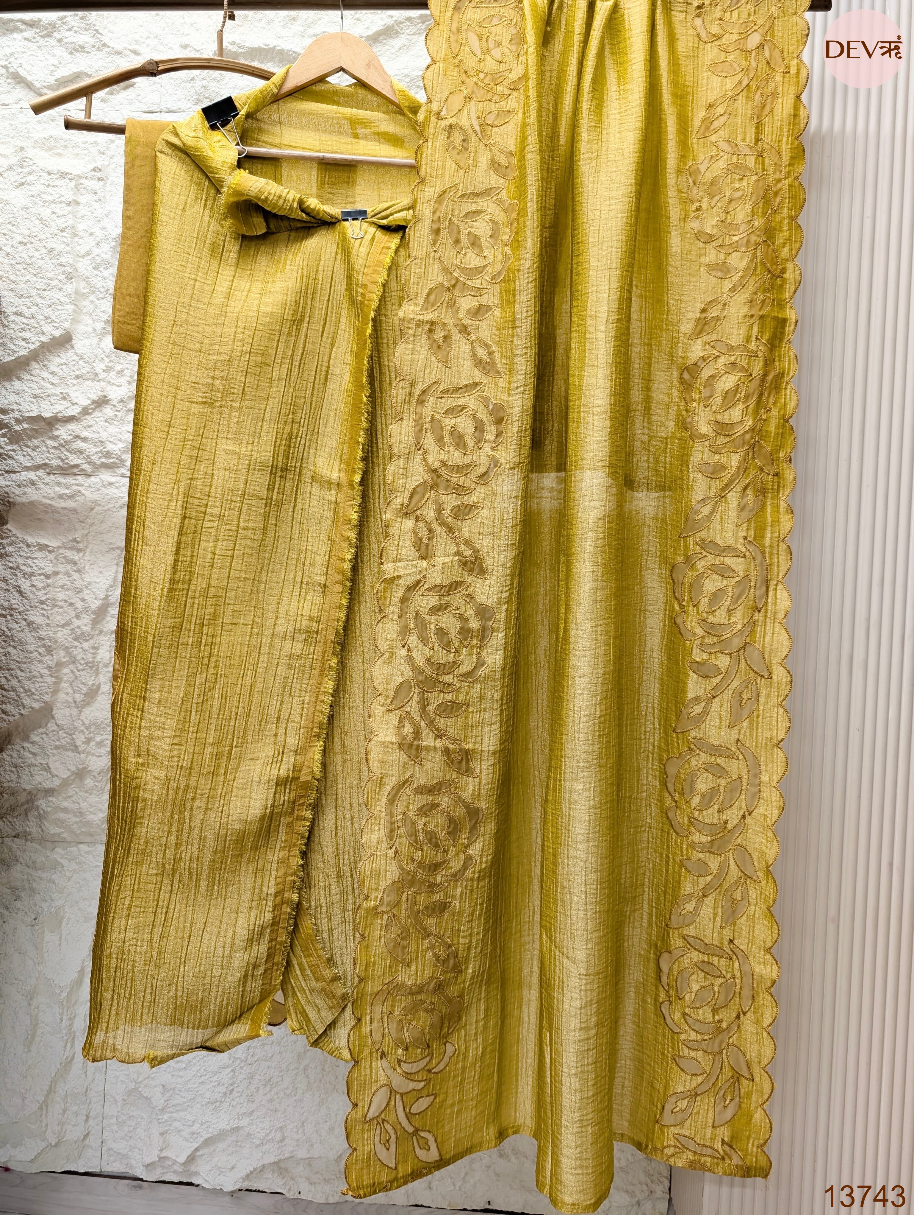 Mustard Tissue Crush Silk Embroidered Unstitched 3-Piece Suit (Devri – D.No 13743)