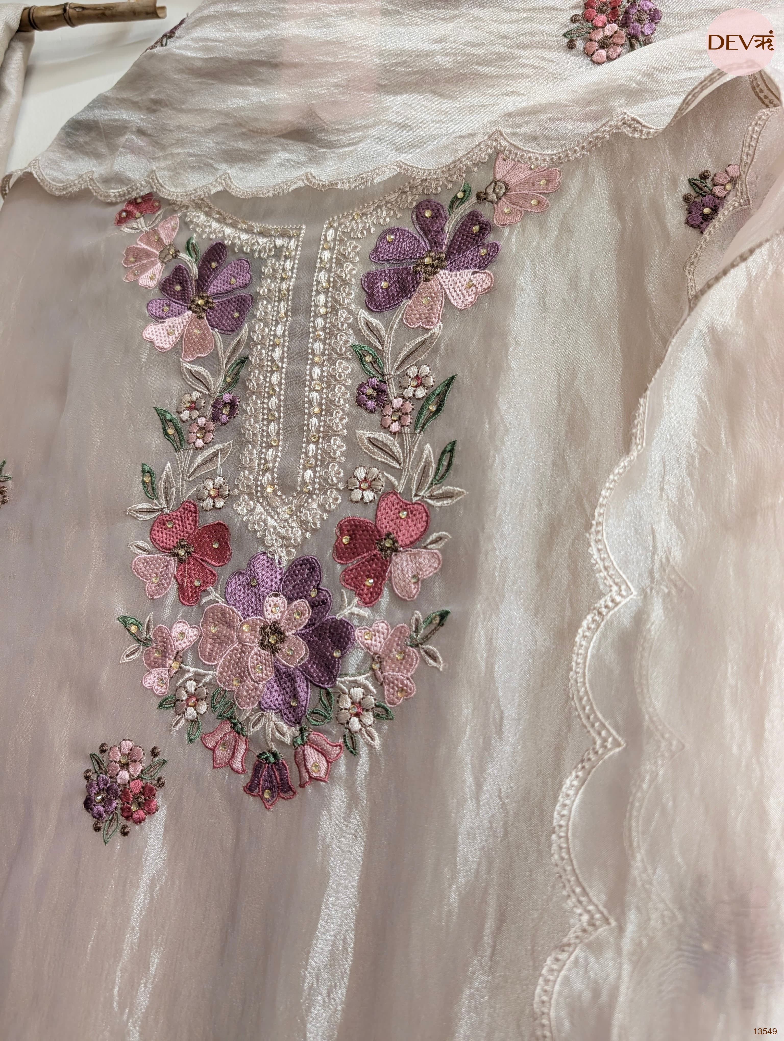 Beige Tissue Organza Silk Embroidered Unstitched 3-Piece Suit (Devri – D.No 13549)