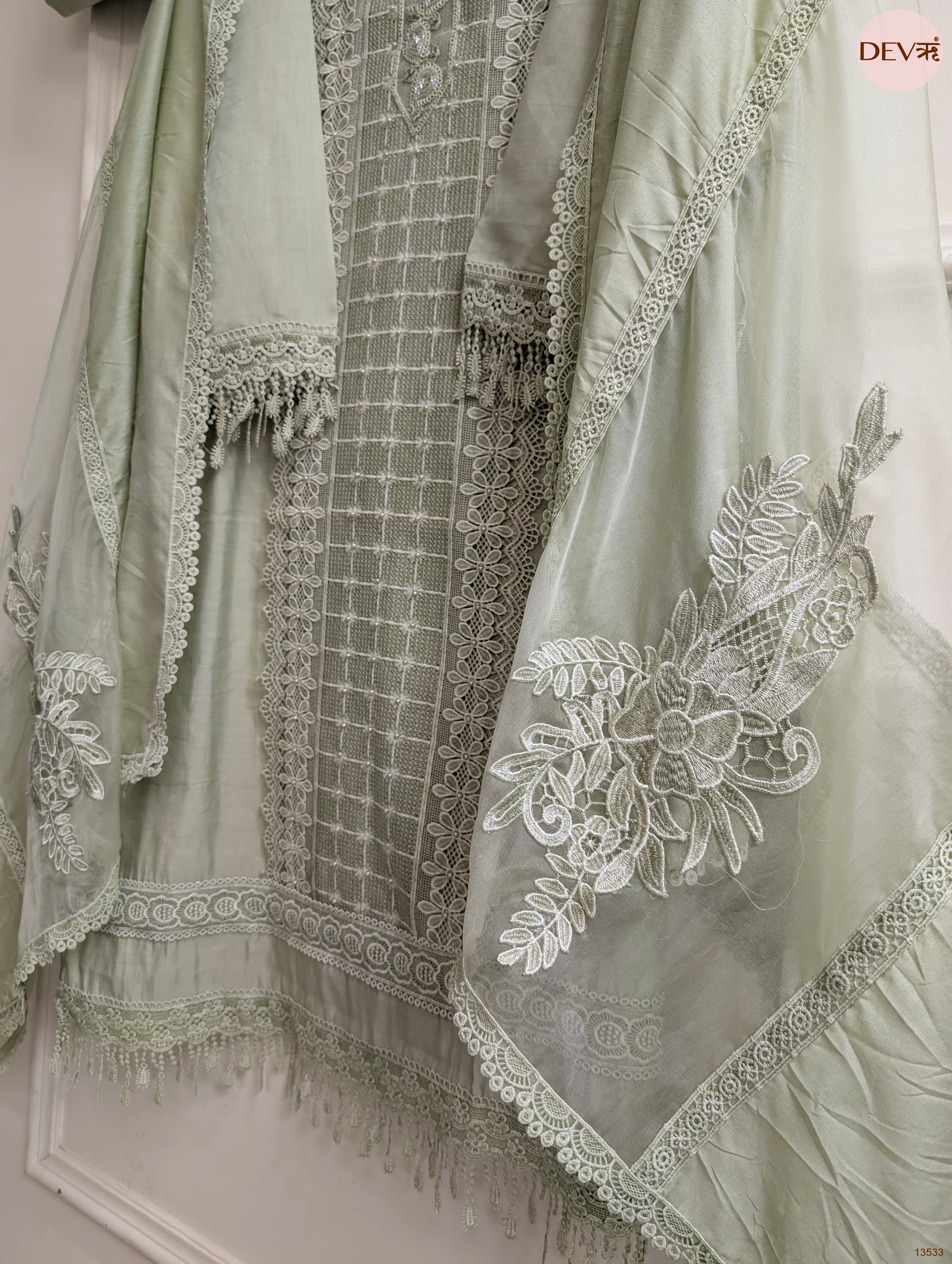 Sage Modal Silk Embroidered Unstitched 3-Piece Suit (Devri – D.No 13533)
