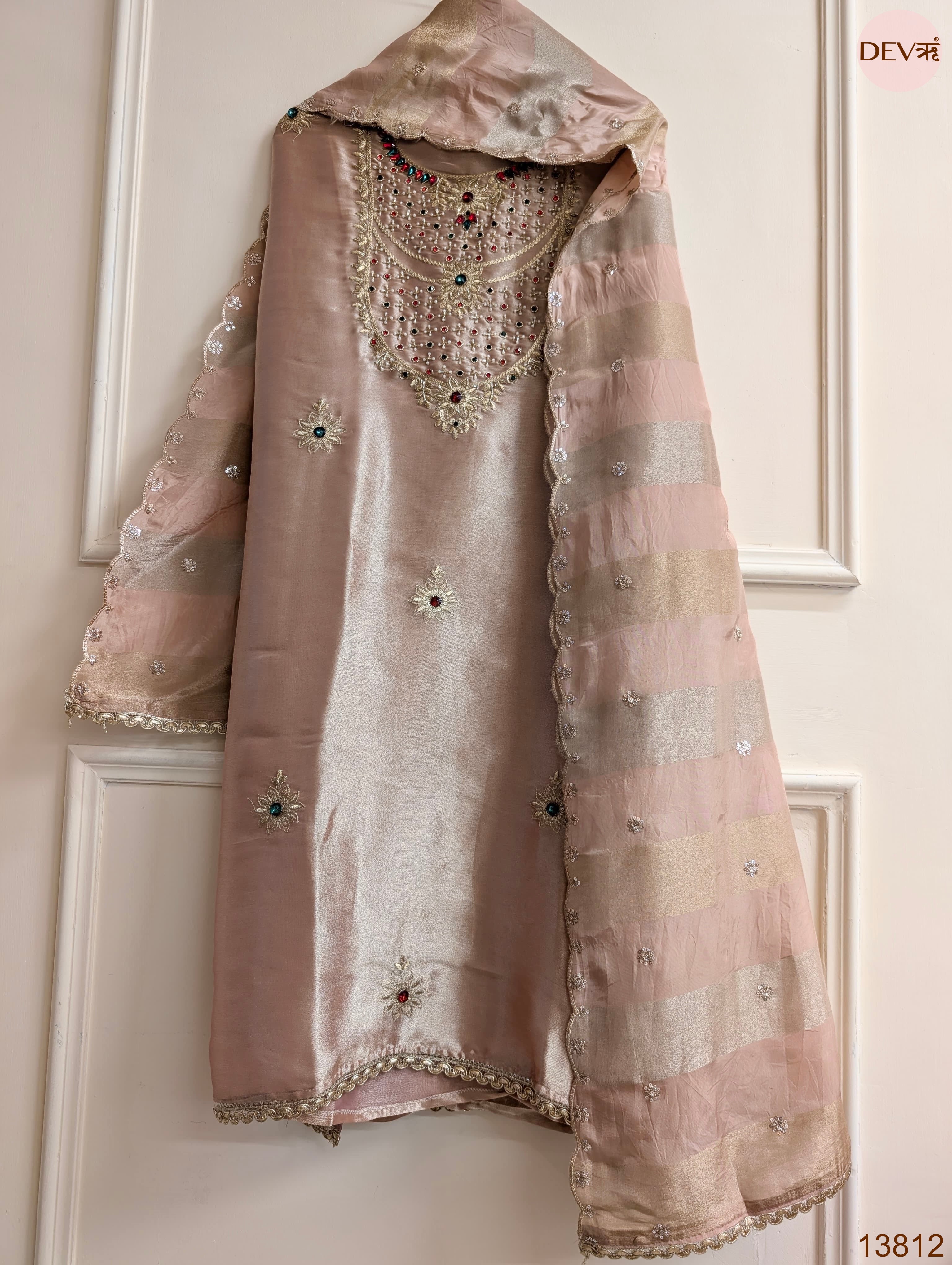 Pink Pure Tissue Giraffe Silk Hand Unstitched 3-Piece Suit (Devri – D.No 13812)