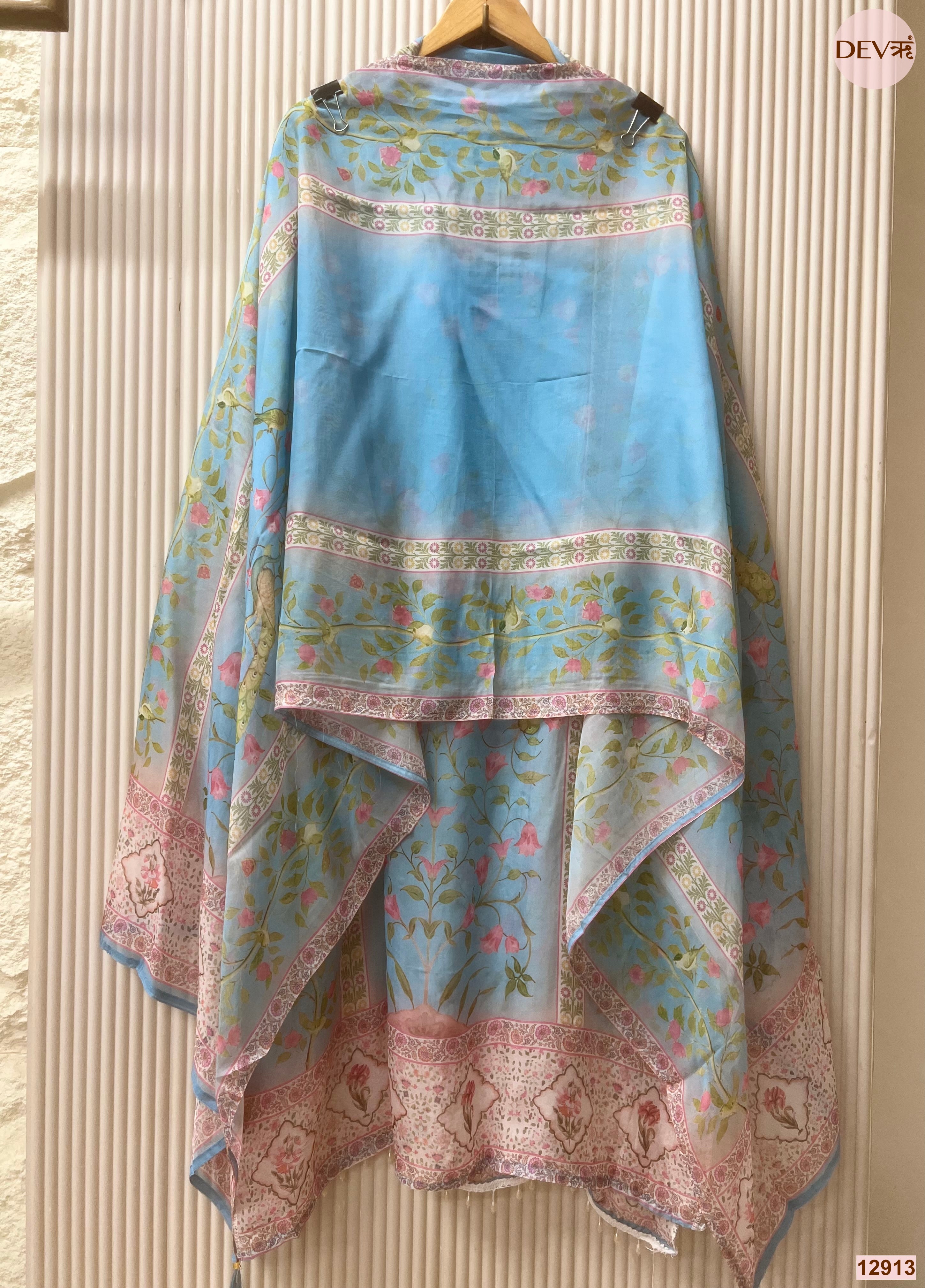 Blue Organza Printed Unstitched 3-Piece Suit (Devri – D.No 12913)