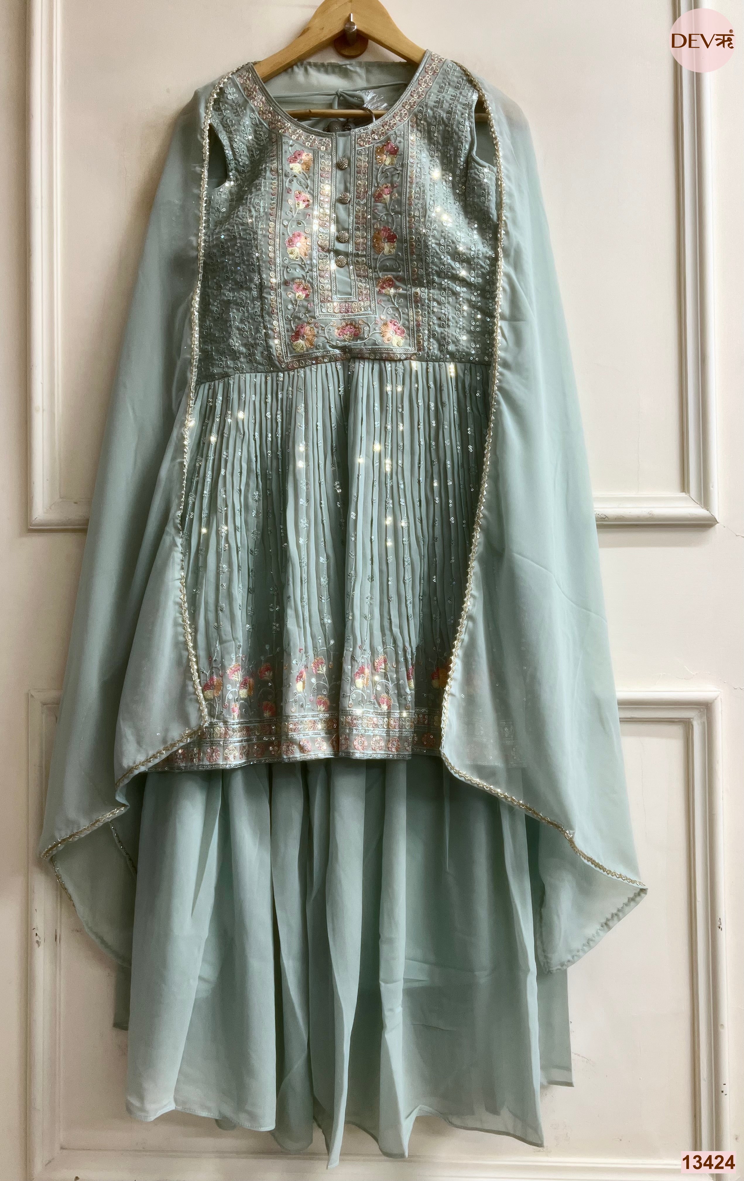 Gulnaar Georgete Embroidered Sea Green 3-Piece Set (Devri – D.No 13424)
