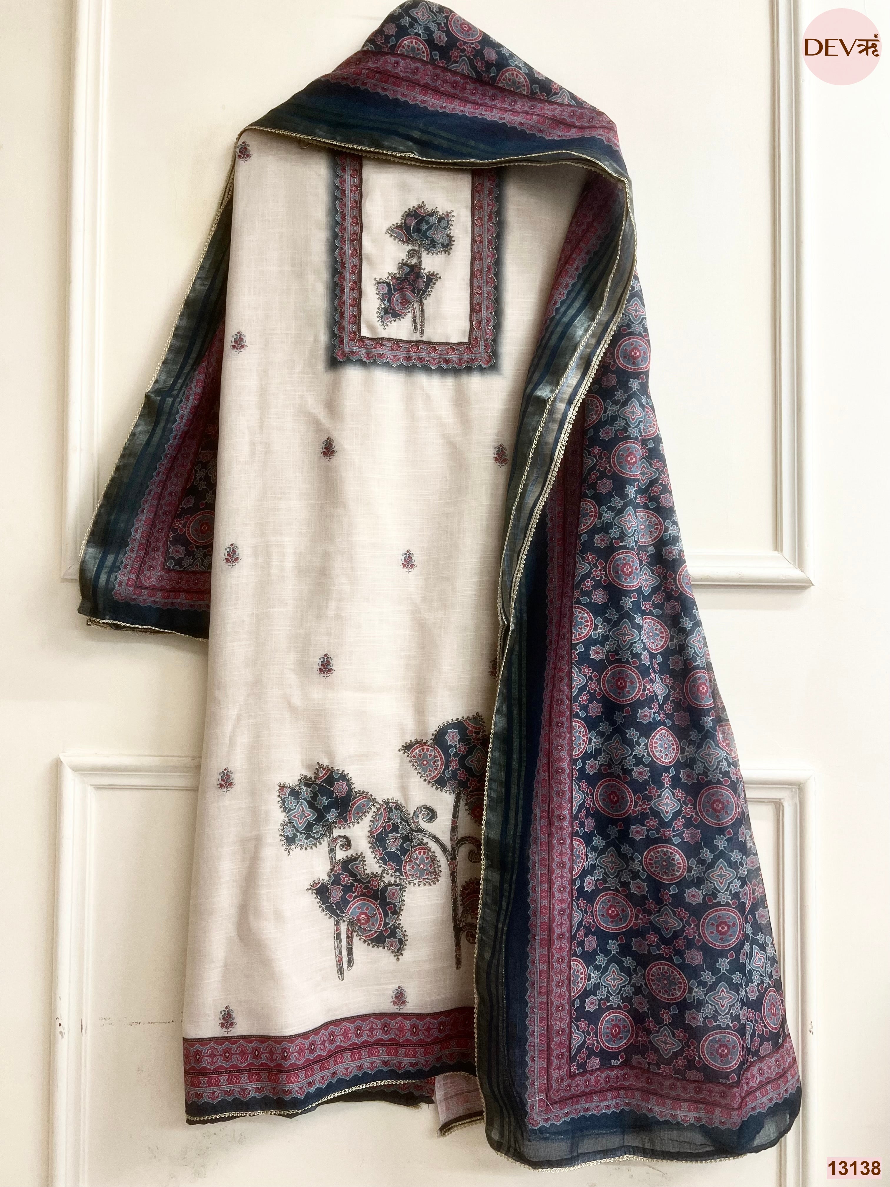 Cream Linen Printed Unstitched 3-Piece Suit (Devri – D.No 13138)