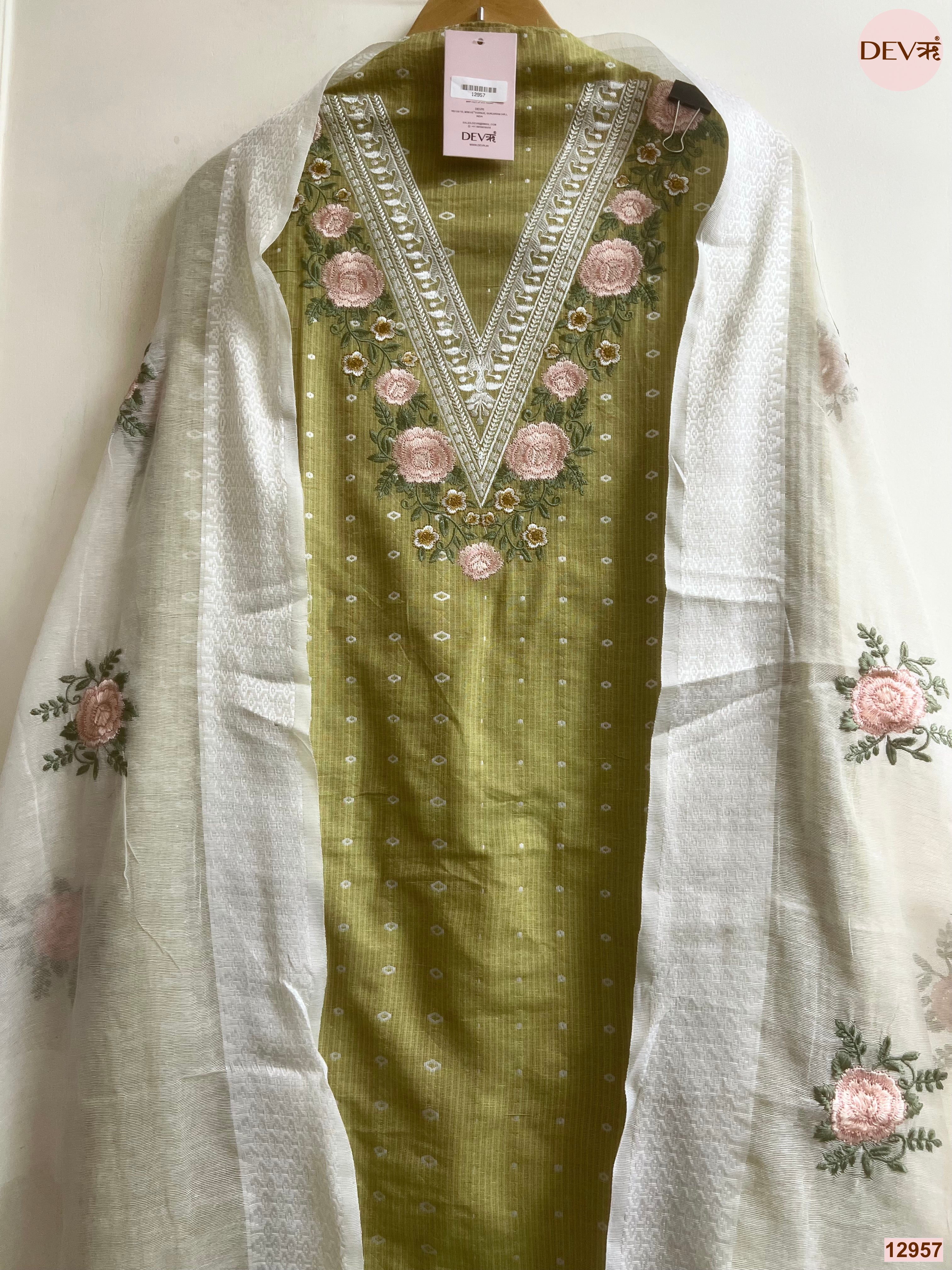 Olive Cotton Handloom Embroidered Unstitched 3-Piece Suit (Devri – D.No 12957)