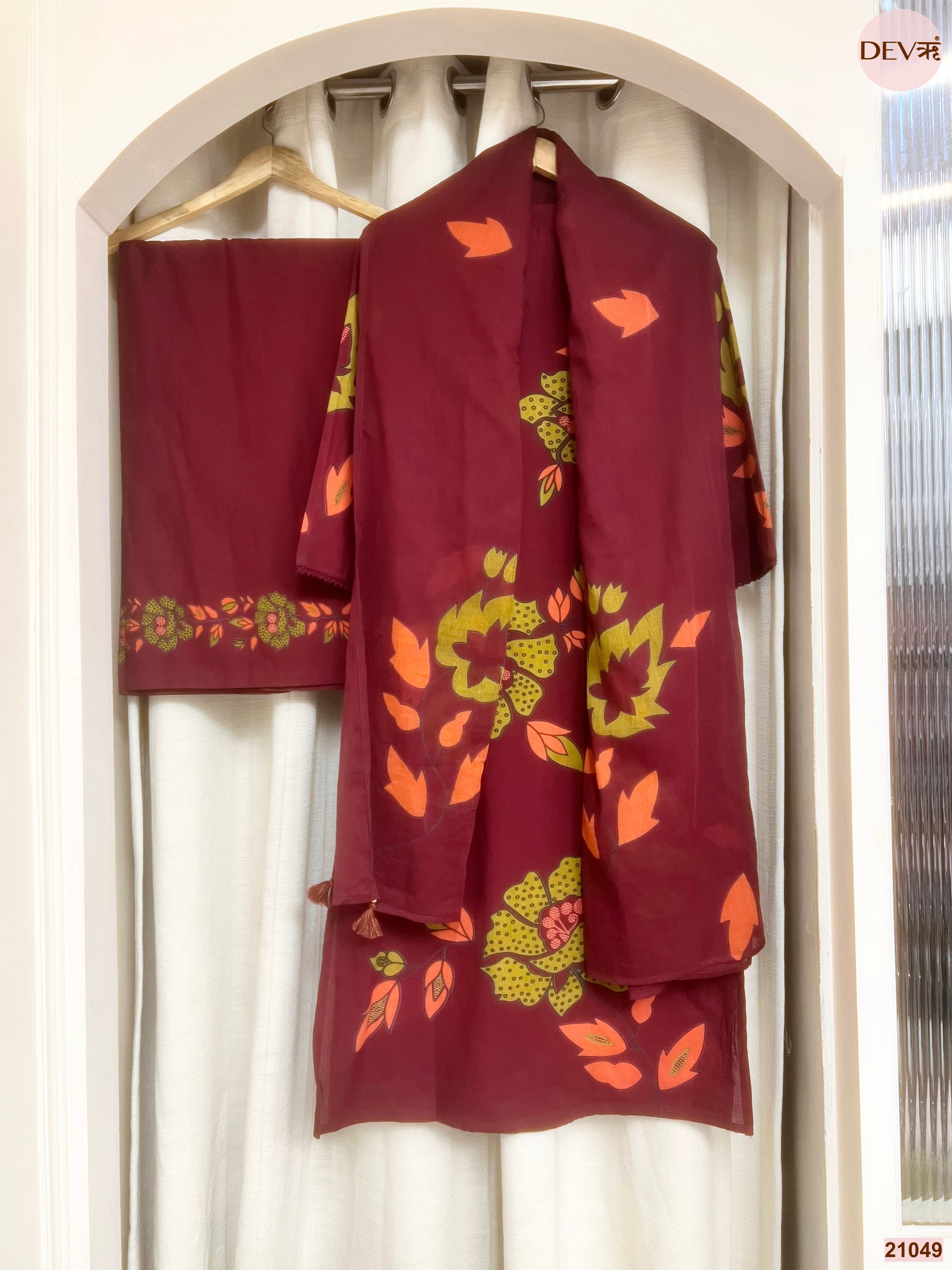Gulnaar Cotton Slub Printed Maroon 3-Piece Set (Devri – D.No 21049)