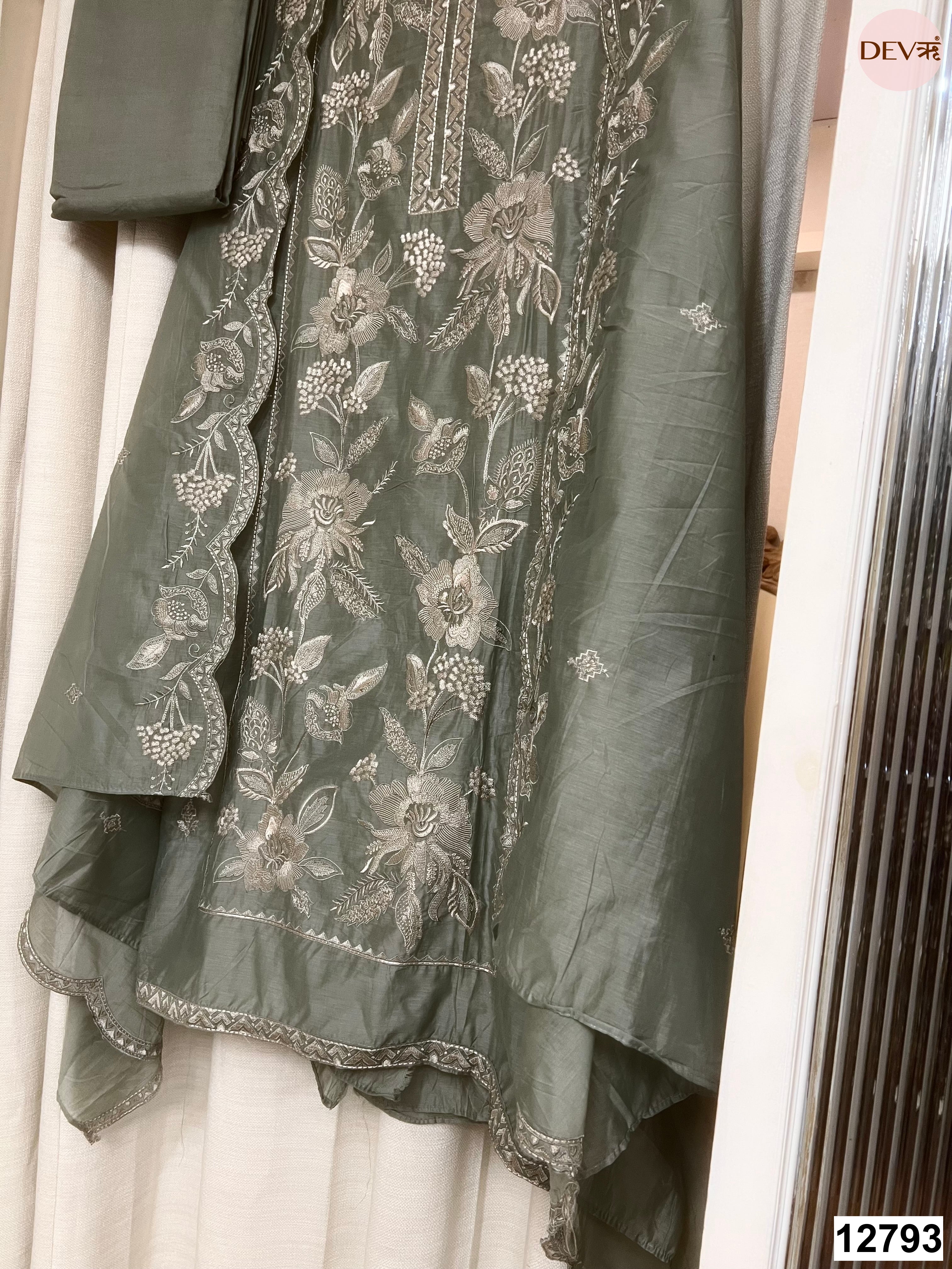 Olive Mul Chanderi Embroidered Unstitched 3-Piece Suit (Devri – D.No 12793)