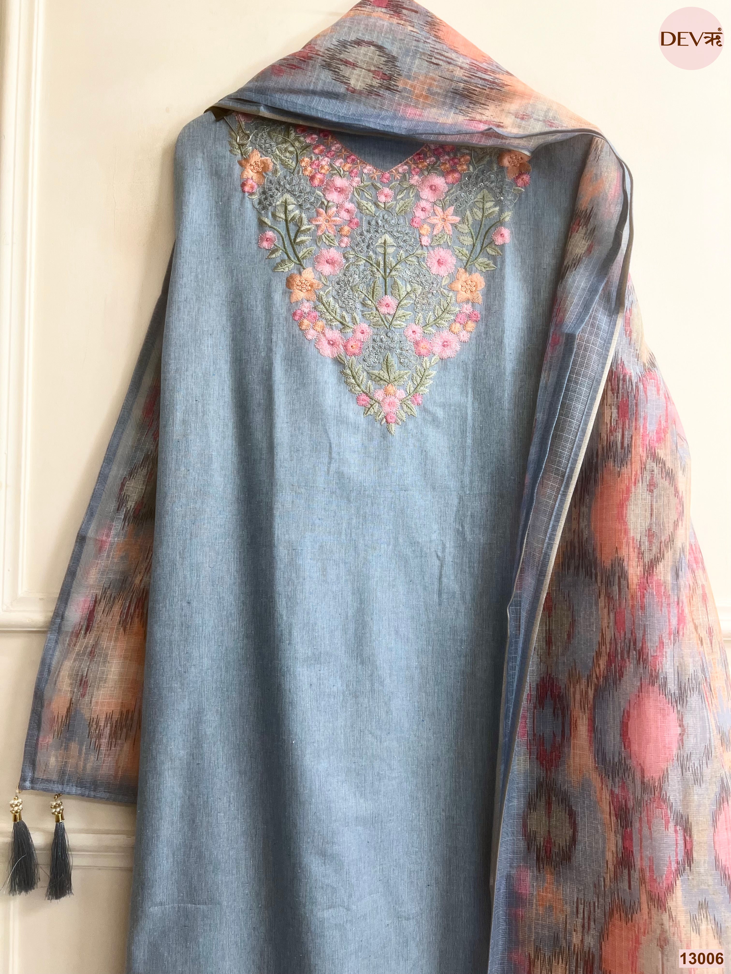 Blue Cotton Handloom Embroidered Unstitched 3-Piece Suit (Devri – D.No 13006)