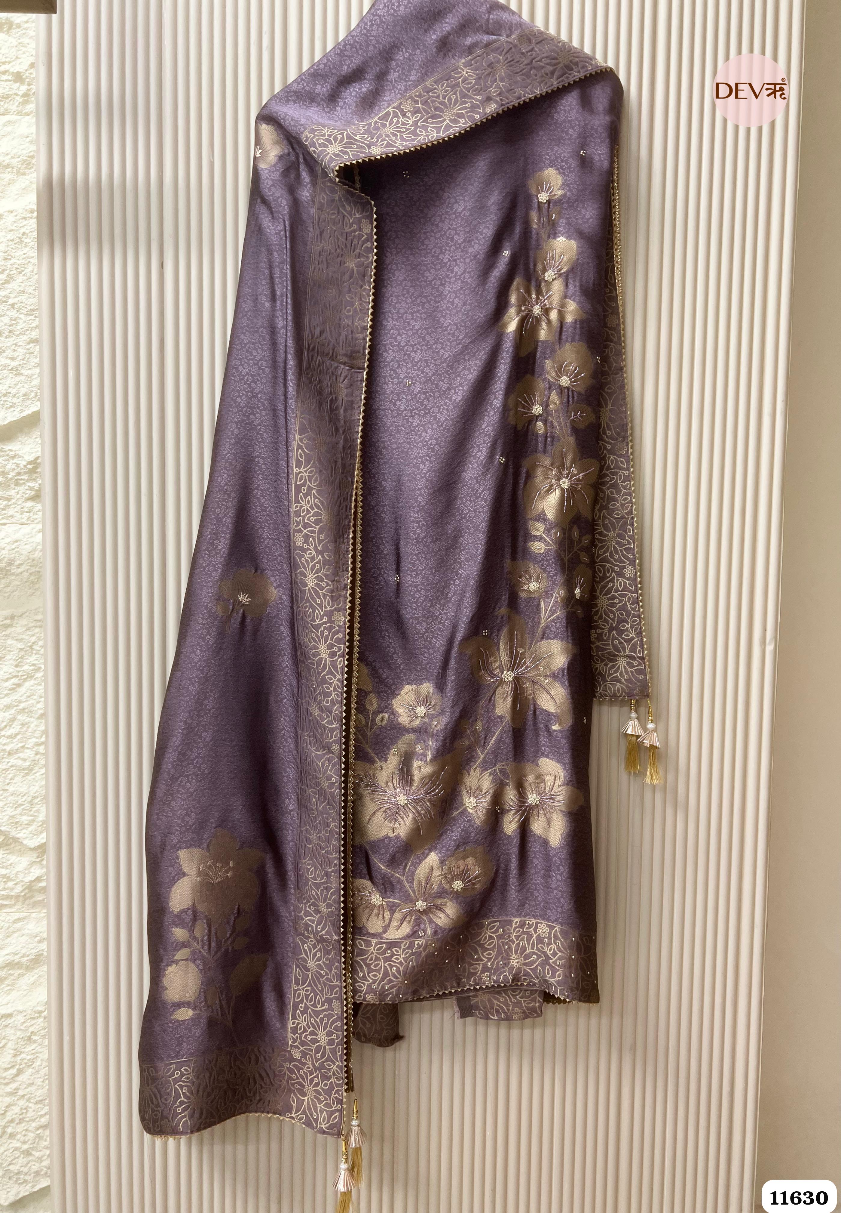 Purple Pure Dola Silk Banarasi Woven Unstitched Hand Embroidered -Set Of 3 {11630}