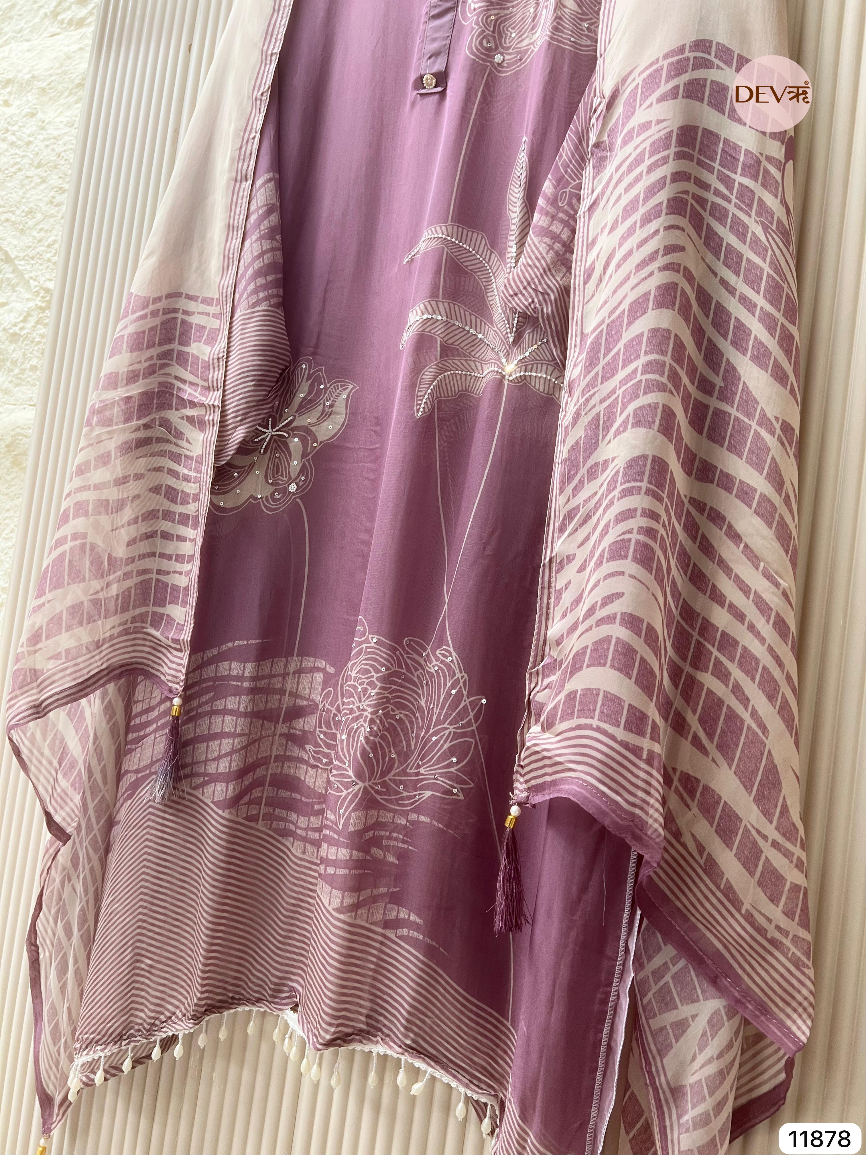 Purple Organza Semi Stitched Printed Hand Embroidered -Set Of 3- {11878}