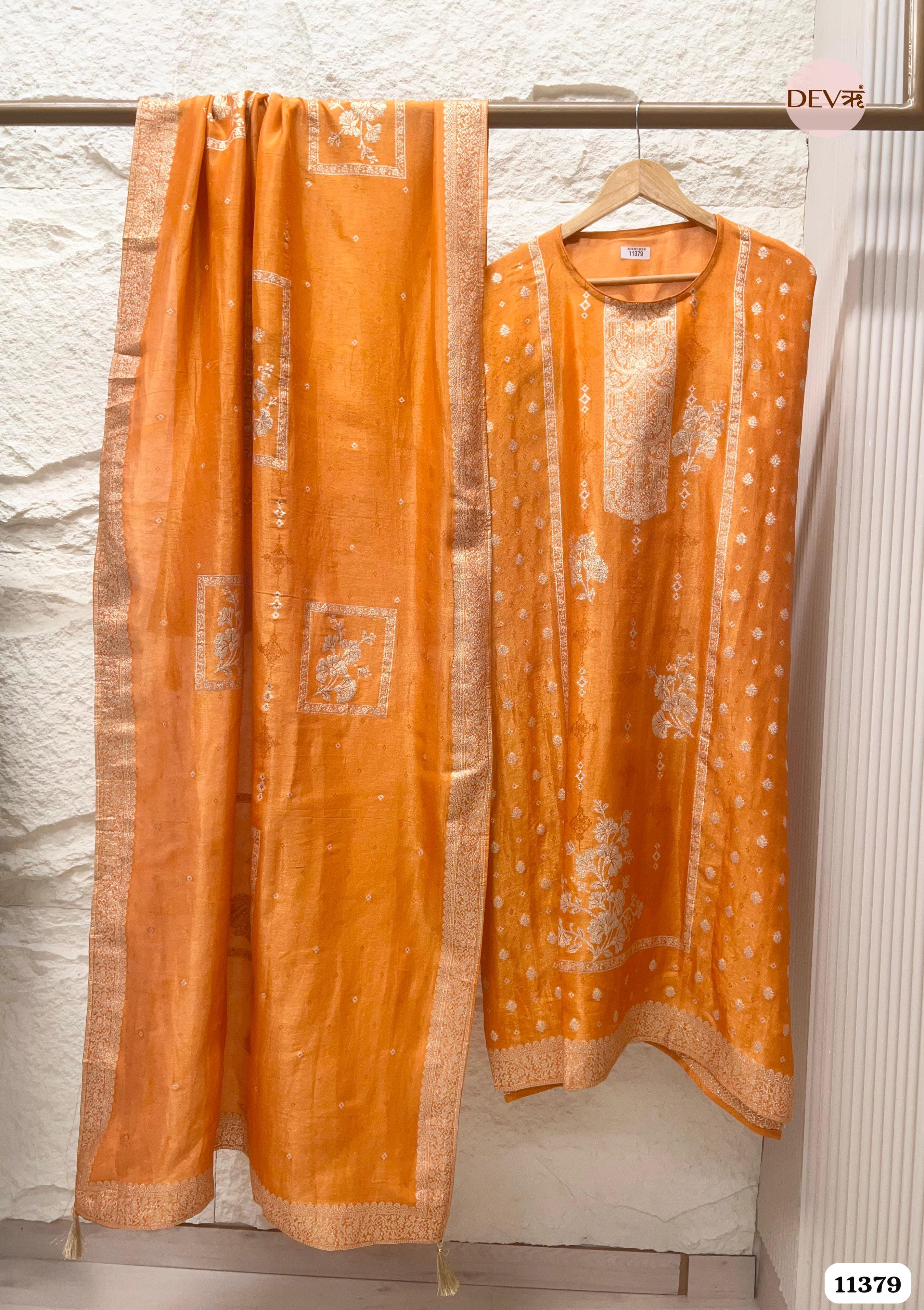 Orange Tissue Silk Unstitched Woven - Set of 3 {11379}