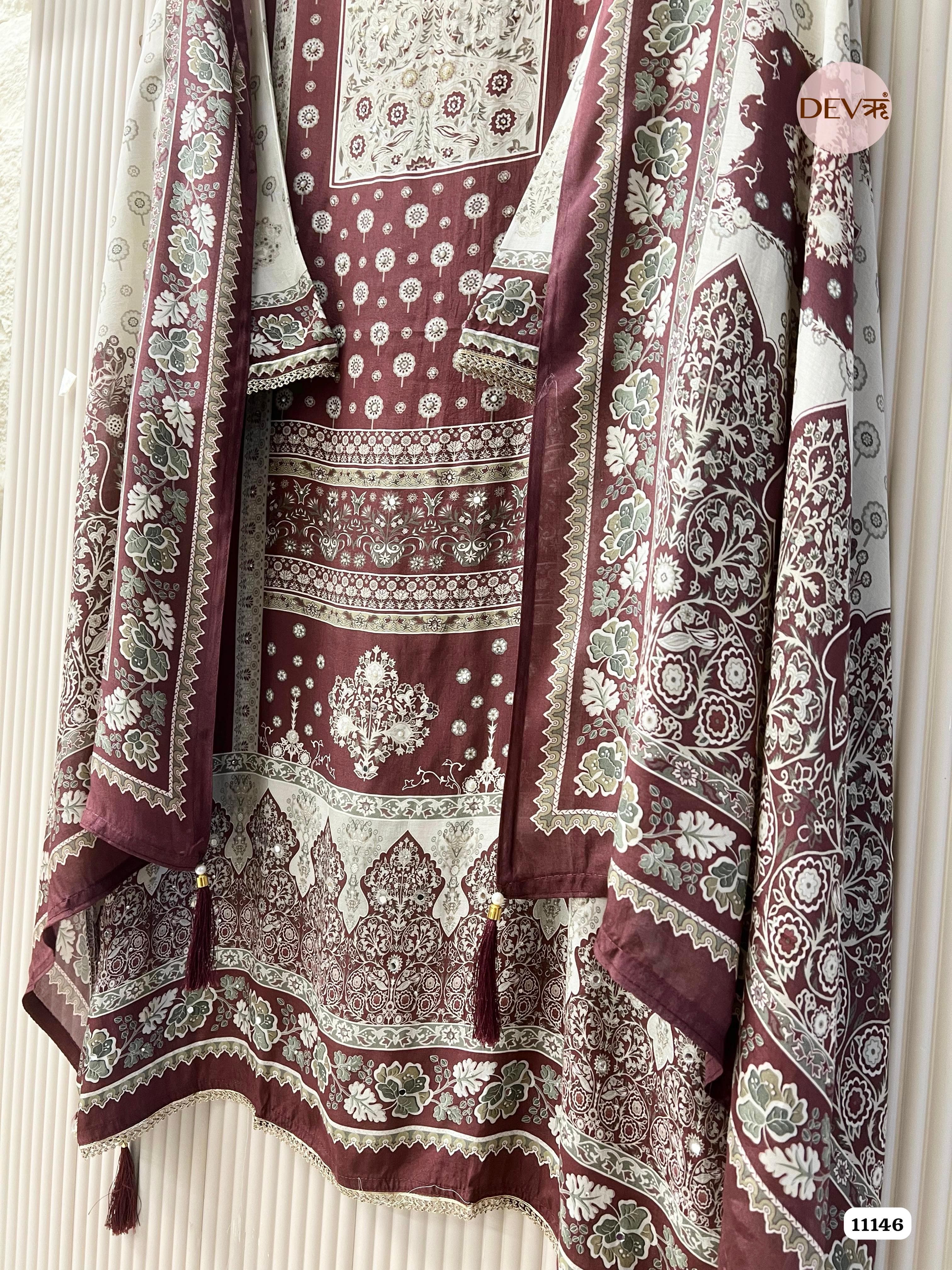 Maroon Muslin Printed Semi Stitched Hand Embidered -Set Of 3