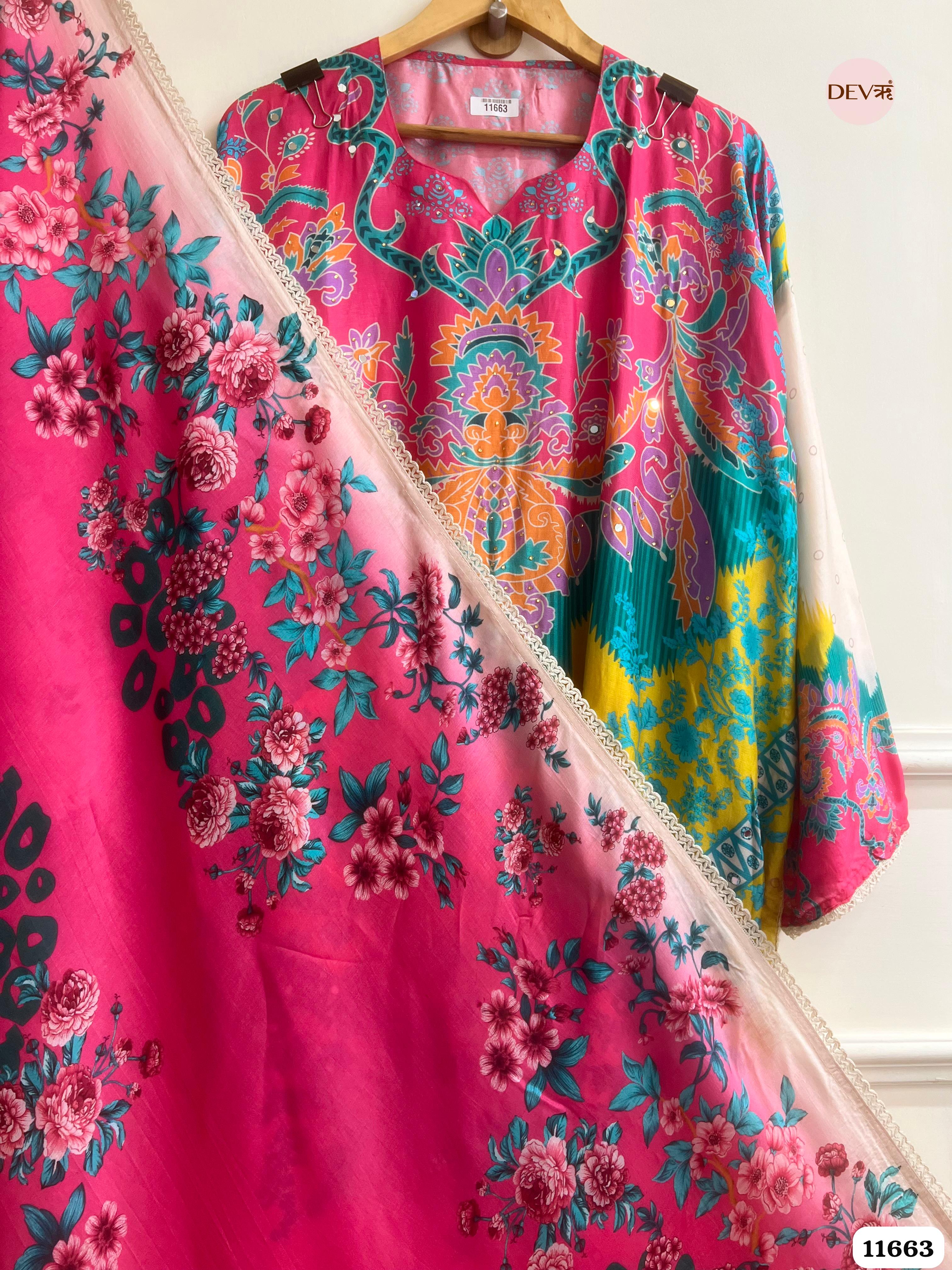 Multi Colour Organza Printed Semi stitched Hand Embroidered -Set Of 3