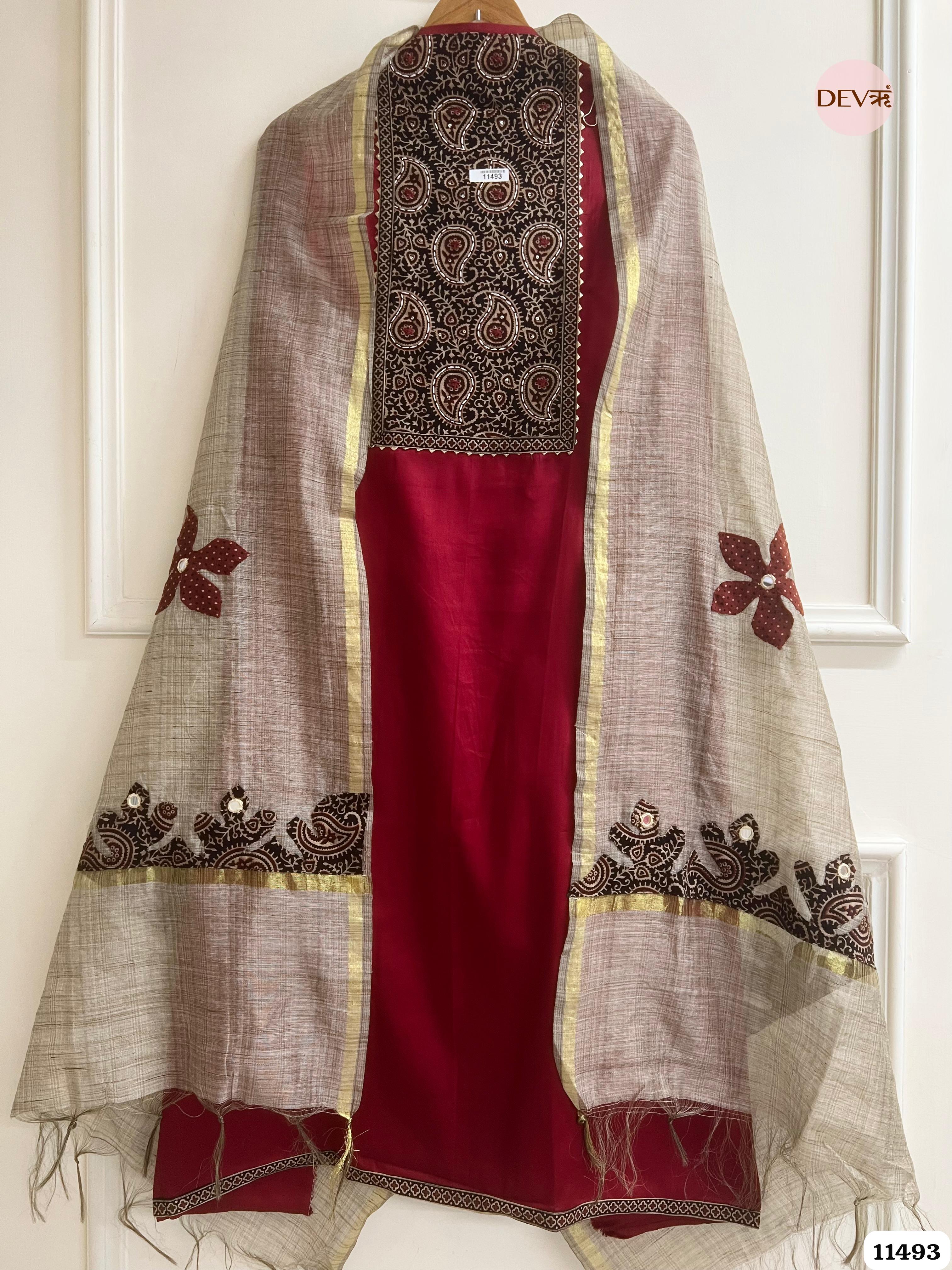 Red Cotton Jaam Unstitched Printed Hand Embroidered -Set Of 3 {11493}